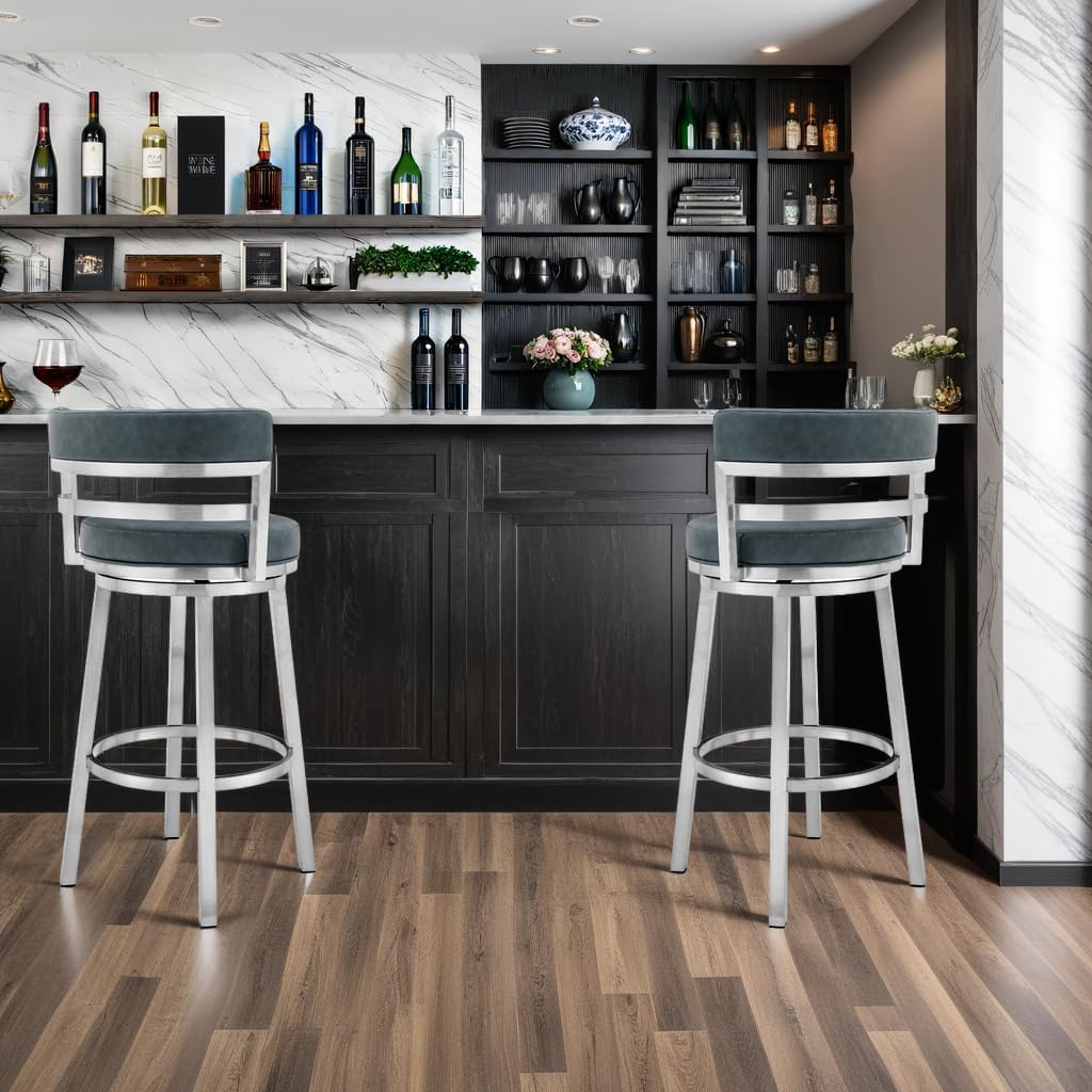 Armen Living Madrid 30" Seat Height Swivel Modern Blue Faux Leather and Brushed Stainless Steel Bar Stool for Kitchen Island Counter