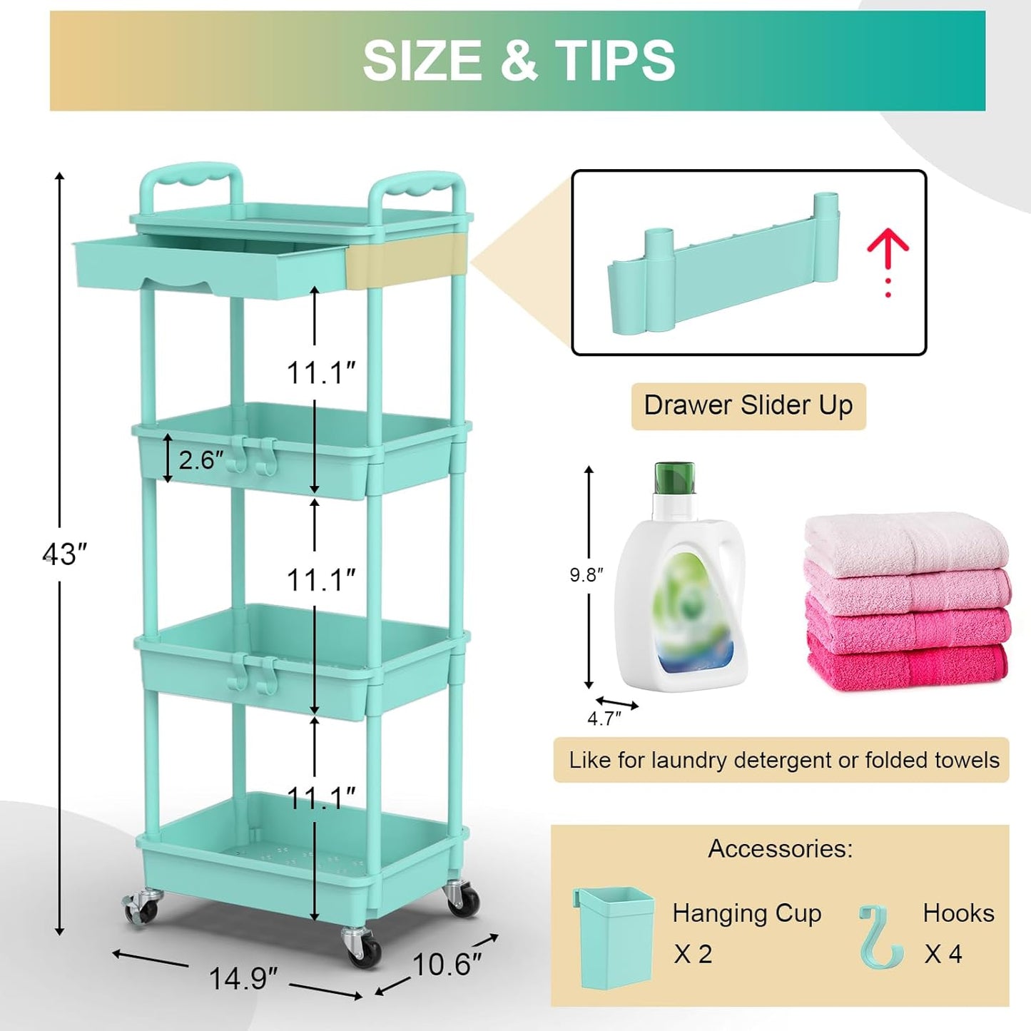 Goovilla 4 Tier Rolling Utility Cart Organizer with Removable Drawer, Stable and Sturdy Blue Rolling Storage Carts with 2 Lockable Wheels for Bathroom, Kitchen, Snack, Craft, Makeup, Baby Essentials