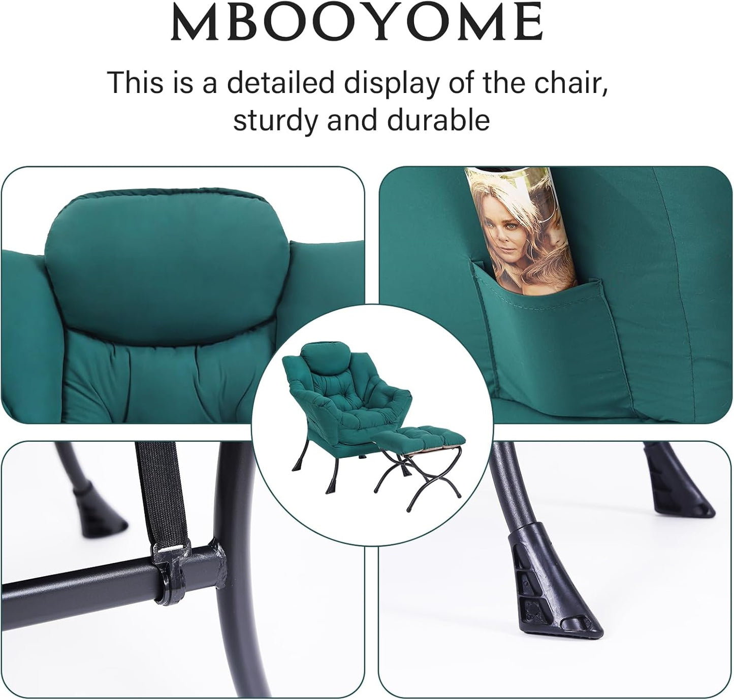 Lazy Chair with Folding Ottoman, Modern Accent Lounge Armchair with Armrests and a Side Pocket & Foldable Footstool, Leisure Reading Chair for Living Room, Bedroom, Dorm & Office, Dark Green