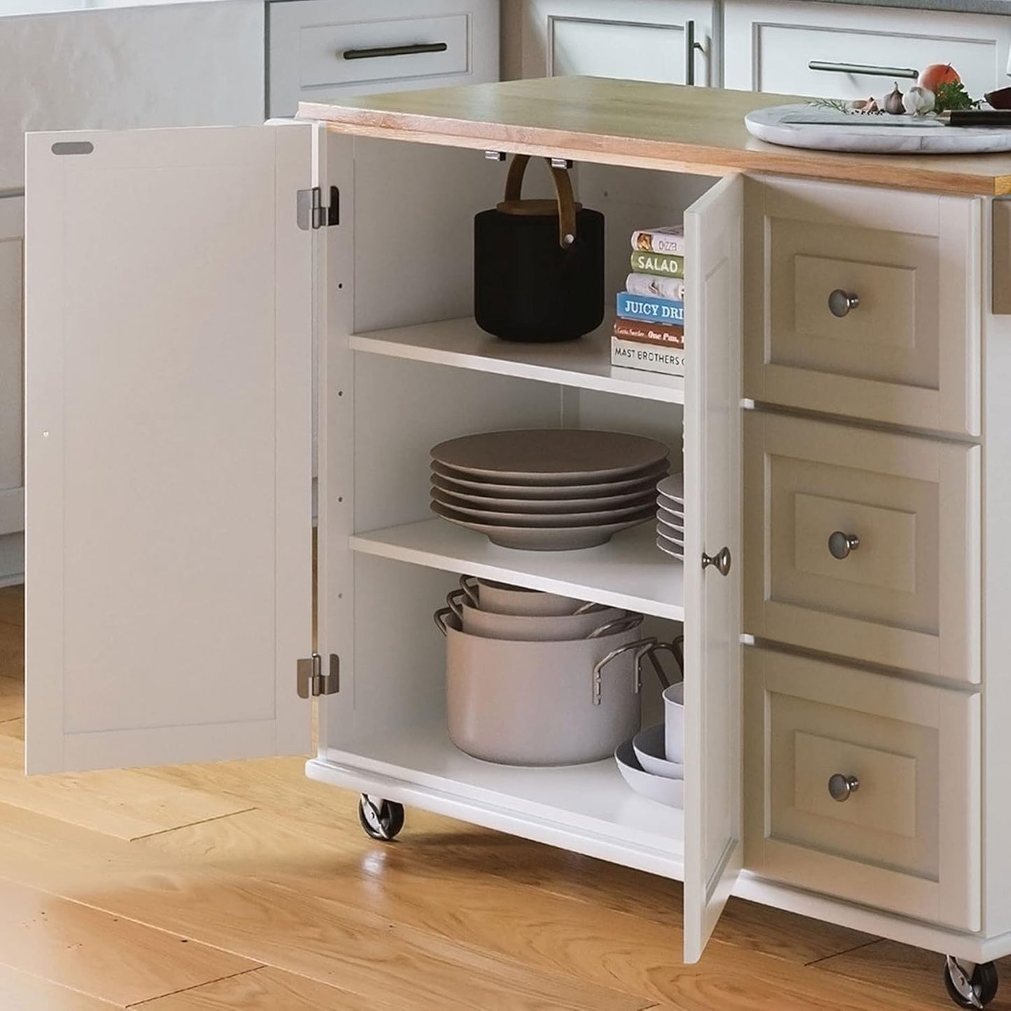 Homestyles Dolly Madison Off-White Mobile Kitchen Island Cart with Wood Drop Leaf Breakfast Bar