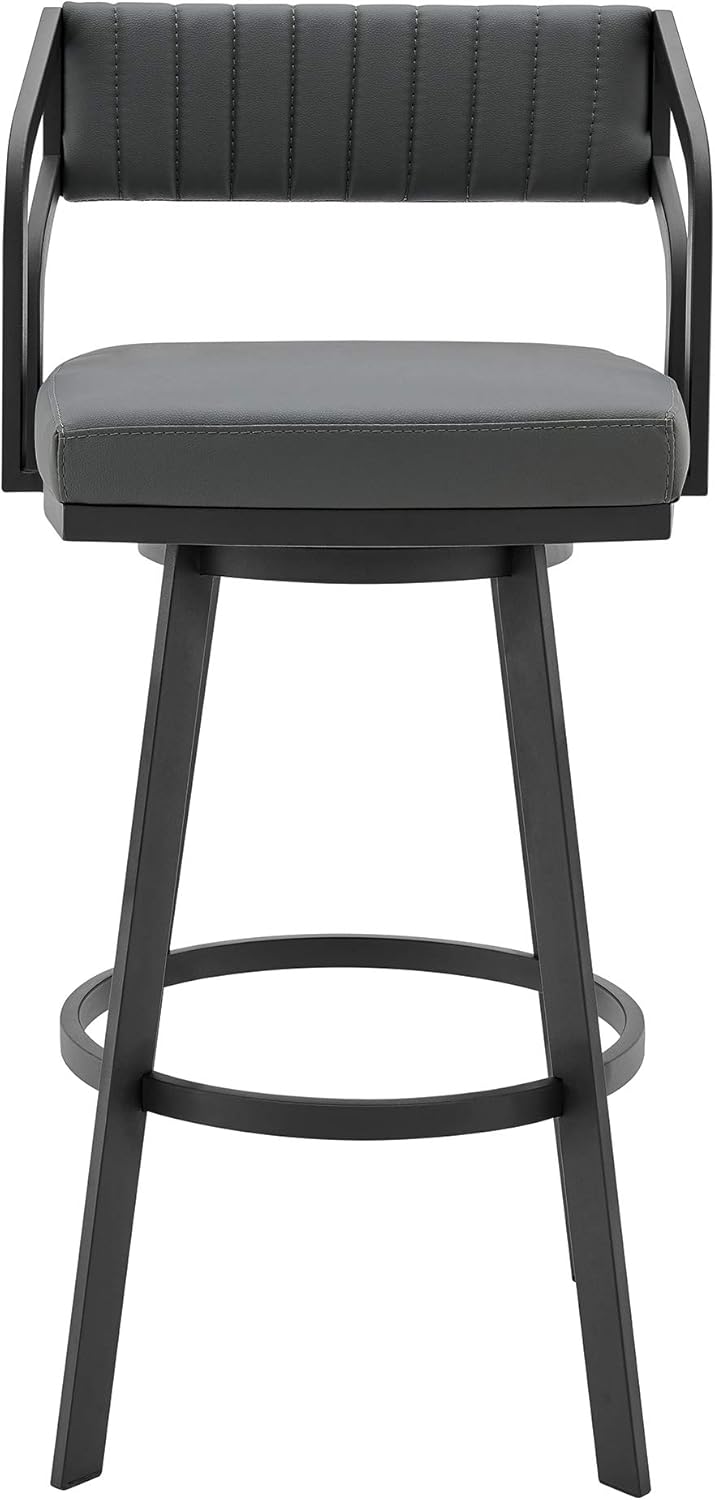 Armen Living Capri Modern 26" Seat Height Gray Faux Leather and Black Stainless Steel Metal Swivel Bar Stool for Kitchen Island Counter