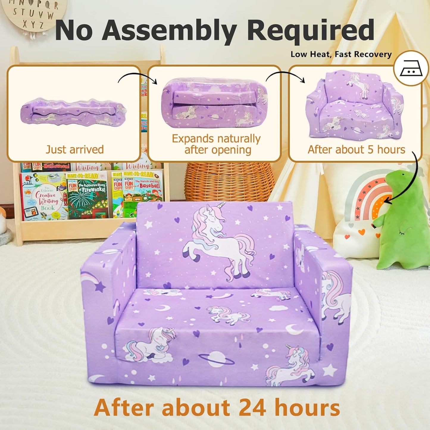 Kids Couch, 2-in-1 Kids Fold Out Sofa, Convertible Toddler Couch to Lounger for Girls and Boys, Soft Toddler Chairs Comfy 1-3 Years Old(New Unicorn)