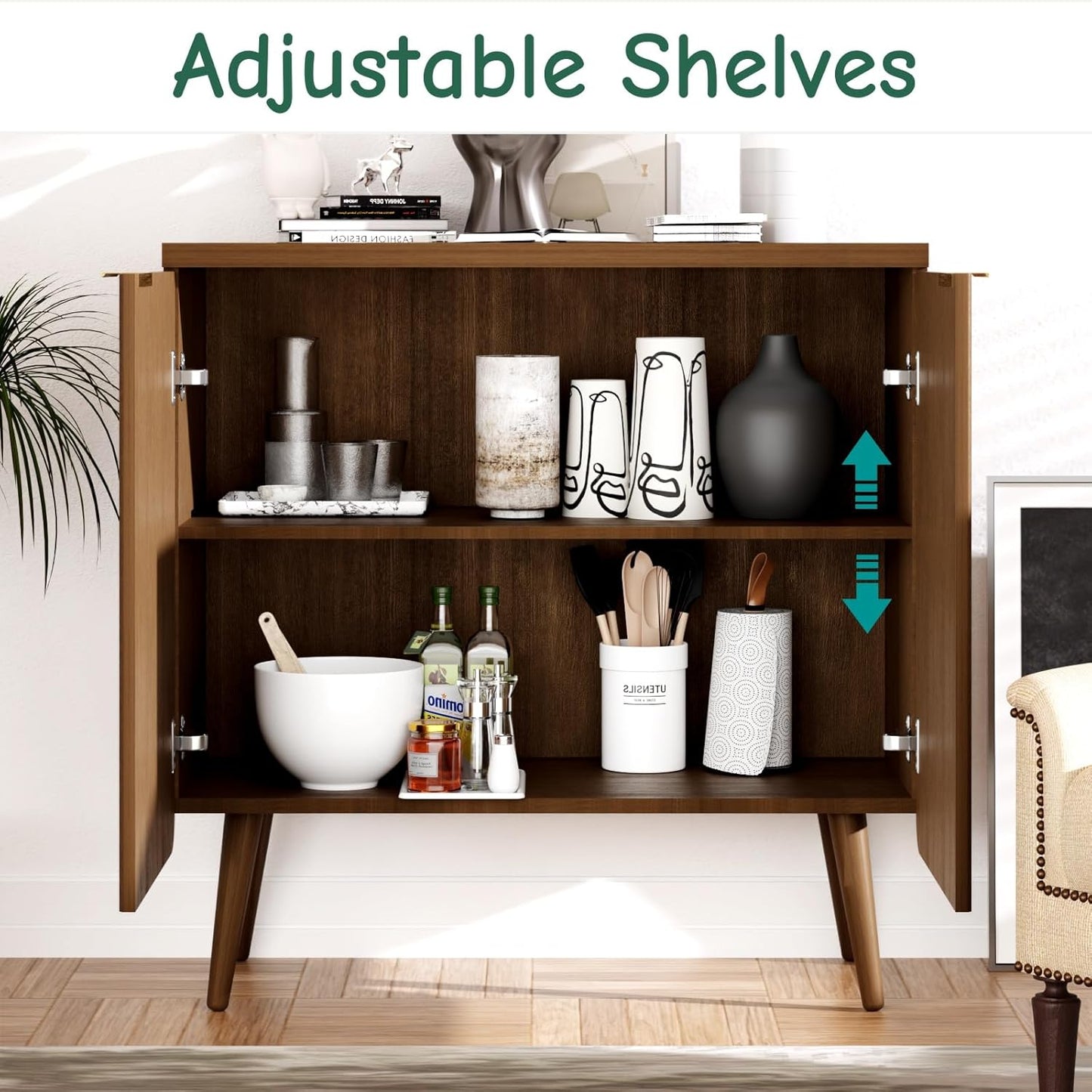 29.5" Sideboard Cabinet with 2 Doors, Modern Buffet Cabinet with Adjustable Shelf, Dining Room Sideboard, Fluted Buffet Sideboard for Living Room, Hallway, Entryway, Walnut