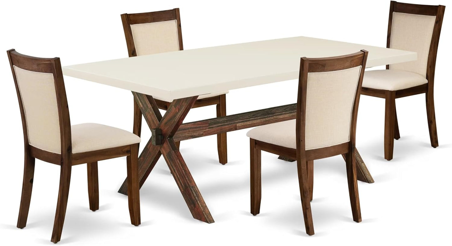 East West Furniture X727MZN32-5 5 Piece Dining Room Furniture Set Includes a Rectangle Dining Table with X-Legs and 4 Light Beige Linen Fabric Upholstered Chairs, 40x72 Inch, Multi-Color