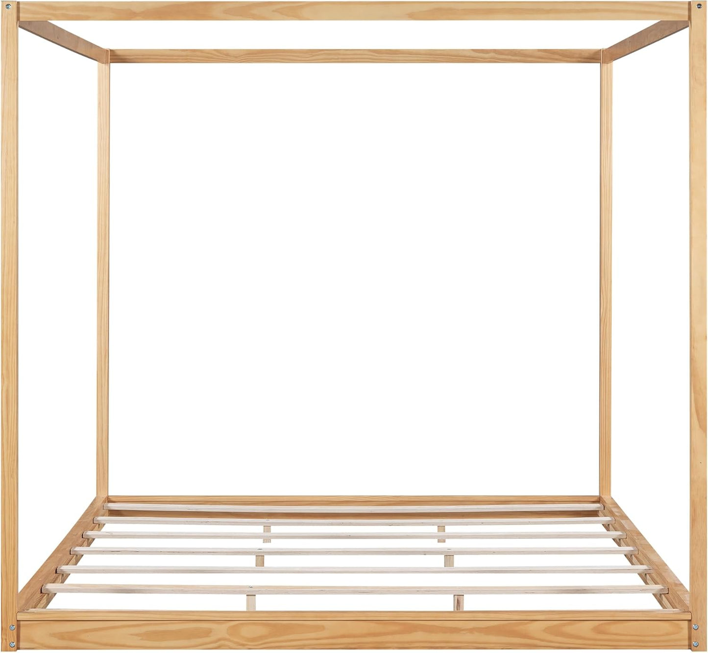 King Size Canopy Platform Bed with Support Legs,Solid Wood Bed Frame,4-Post Canopy-Platform-Bed for Kids Teens Adults, No Box Spring Needed,Natural