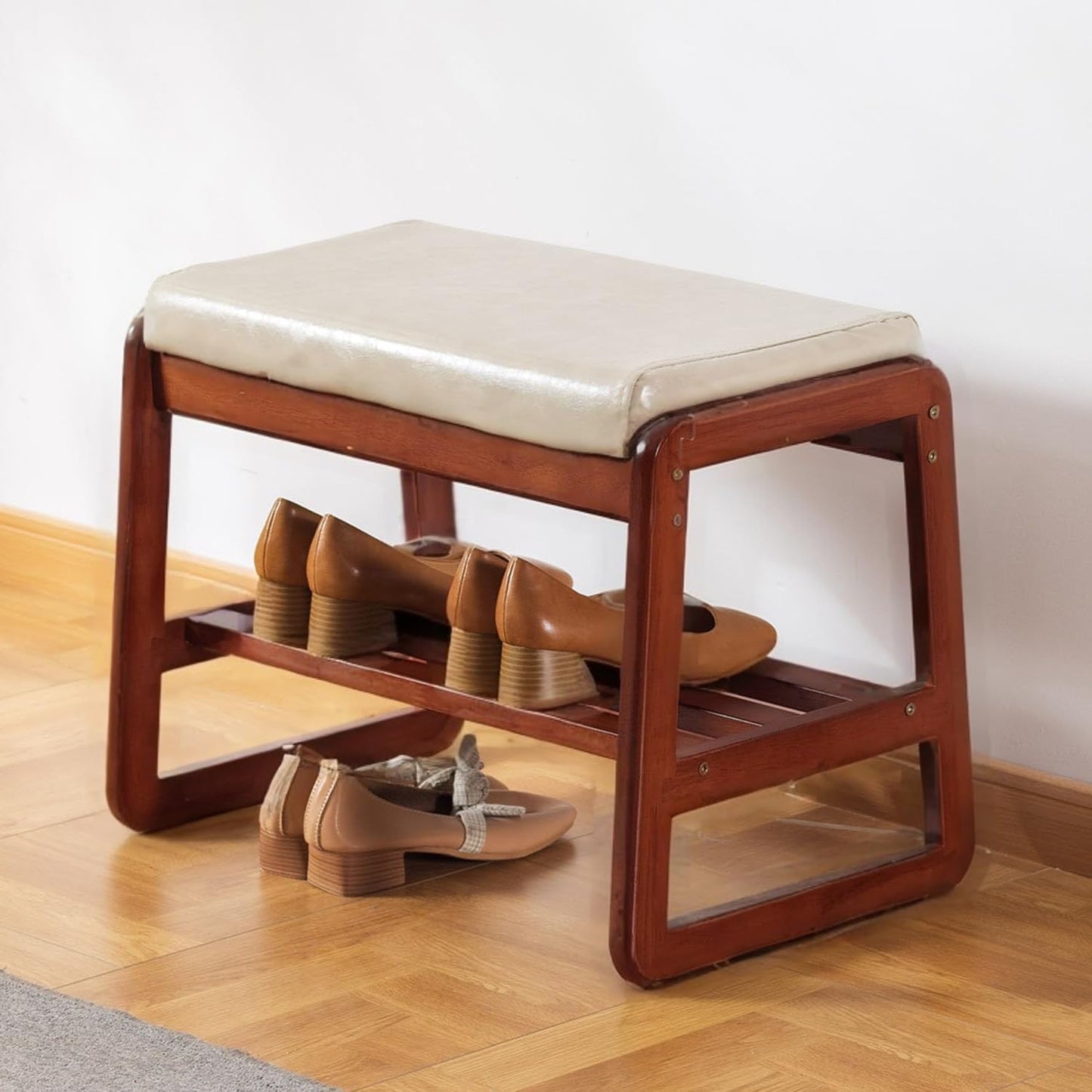 Solid Wood Shoe Bench, 2-Tier Wooden Entryway Bench, Modern Shoe Rack with Faux Leather Cushion for Hallway, Living Room (Gray, 21.65'')
