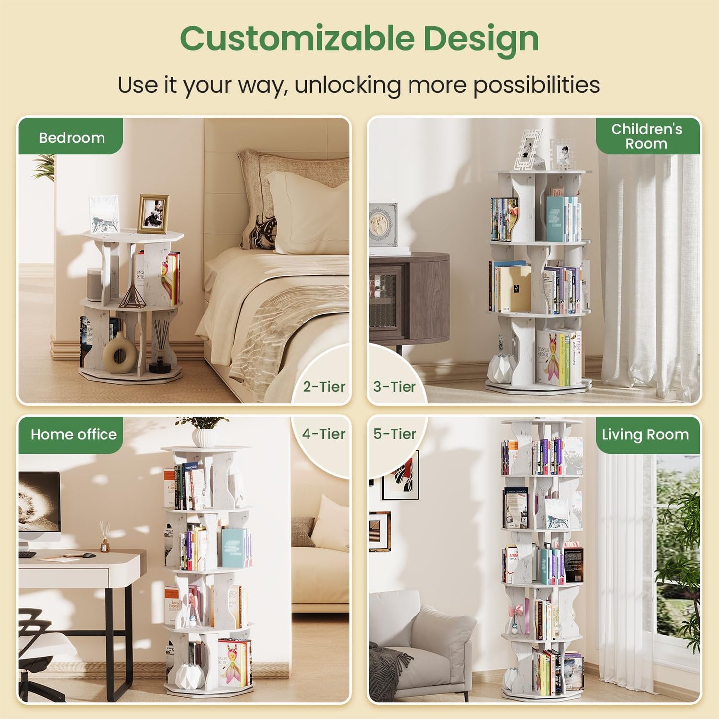 Rotating Bookshelf, 5 Tier Spinning Bookshelf Tower, Corner Revolving Storage Rack for Bedroom, Study Room, Kids Room, Living Room, Office (White, 5 Tier)