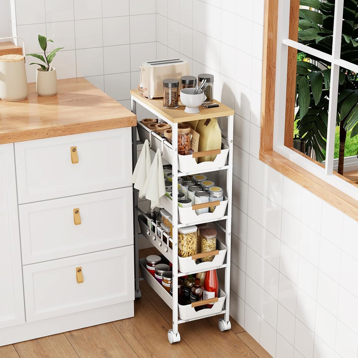 5-Tier Slim Storage Cart, Wooden Top Rolling Kitchen Cart with Pull-Out Baskets & Wheels, Narrow Space Utility Cart Slide Out Organizer for Kitchen, Bathroom, Laundry Room, White
