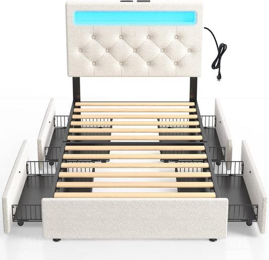 Rolanstar Twin Bed Frame with 4 Storage Drawers and Charging Station,Twin Bed with Led Lights, 2 USB & 1 Type C, Adjustable Headboard 38.9/40.8 Inches, No Box Spring Needed, White