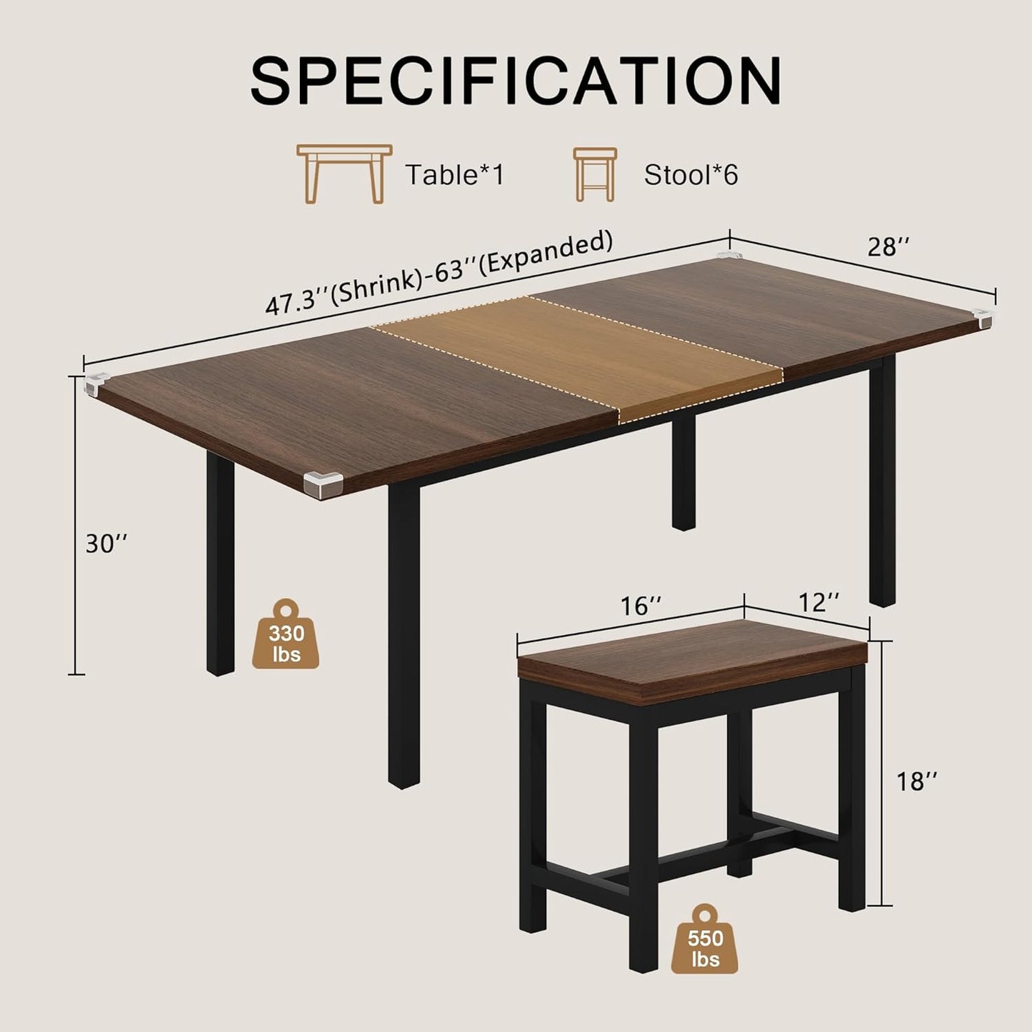 7-Piece Dining Table Set, 63" Extendable Kitchen Room Table with 6 Stools, Mid Century Modern Dinner Table with Metal Frame & MDF Board, Space-Saving, Easy Assembly, Walnut