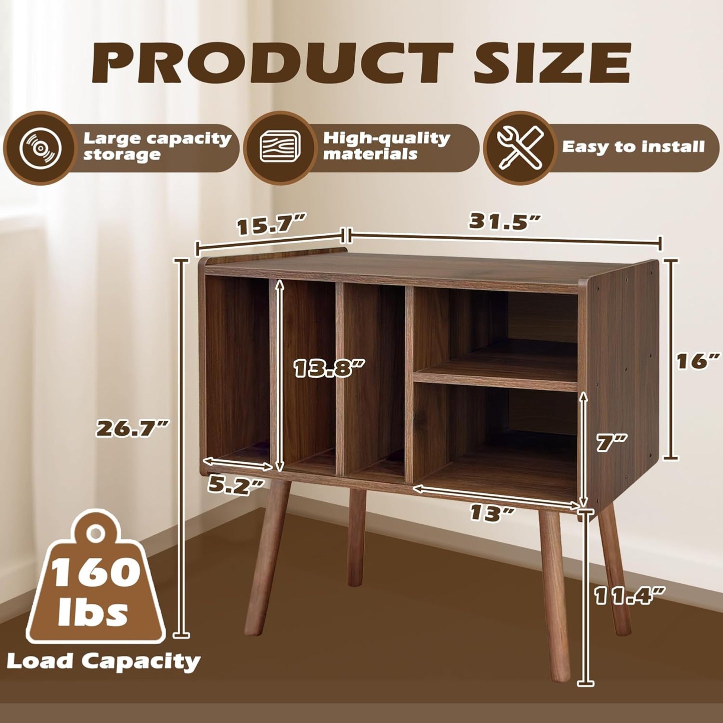 Record Player Stand with Vinyl Storage, Wooden Record Player Table with 5 Cabinet, Large Vinyl Record Player Stand, Record Player Holder, Record Player Shelf for Office Living Room, Walnut