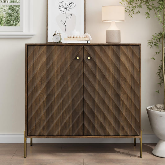 Smuxee Walnut Sideboard Cabinet, Freestanding Buffet Cabinet with Golden Metal Feet, Wood Storage Cabinet with Adjustable Shelf for Living Room, Entryway, Hallway