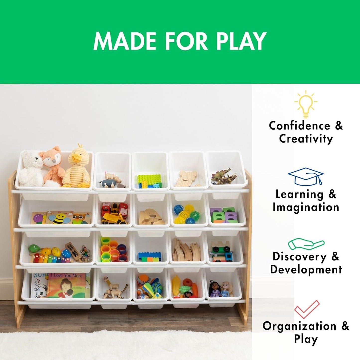 Humble Crew Extra-Large Toy Organizer with 20 Plastic Bins – Natural/White Storage Rack with 4-Tier Shelves, Anti-Tip Safety, for Kids’ Rooms, Playrooms, Nurseries & Classrooms