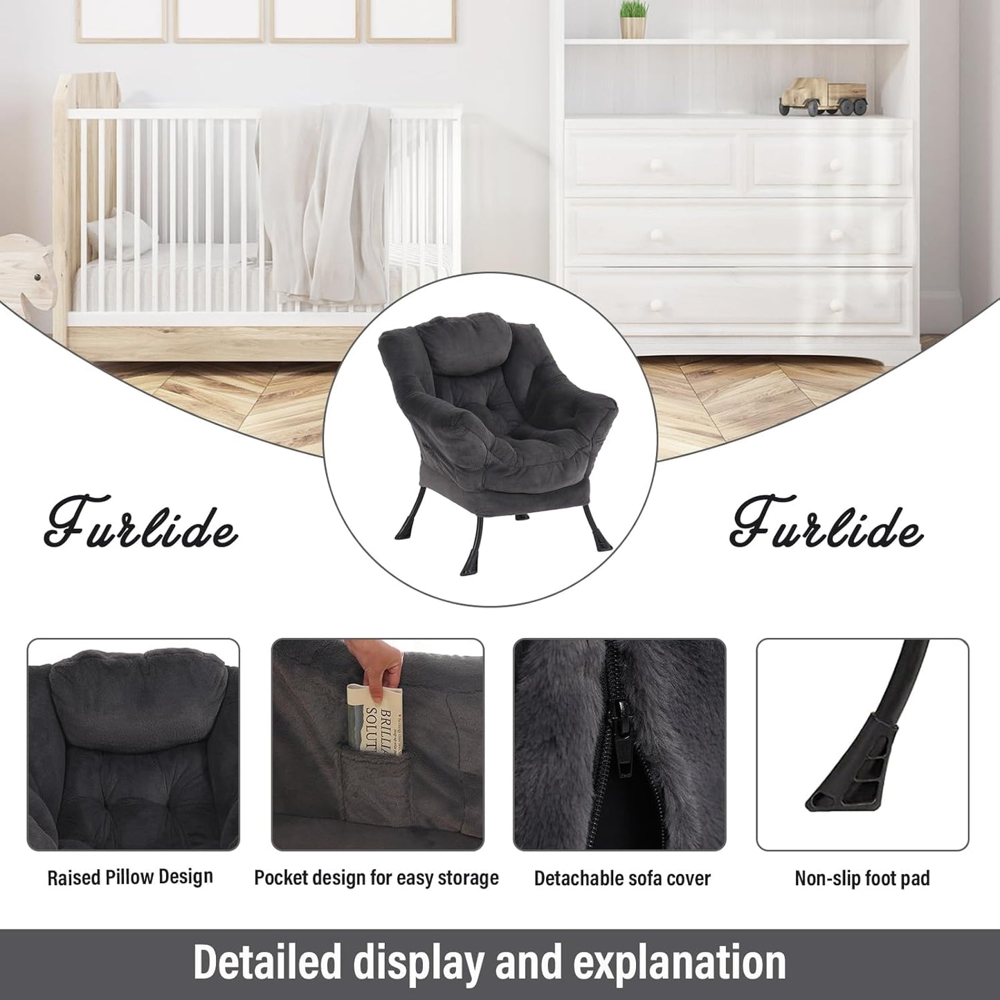 Oversized Chair with Ottoman, Modern Reading Chair, Lounge Accent Chair with Armrests and a Side Pocket for Small Space, Bedroom, Study, Living Room (Plush Dark Greyish Blue)