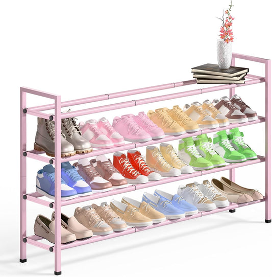 Bumusty 4-Tier Long Expandable Shoe Rack for Closet, 18"-44" Adjustable Shoe Rack for Entryway, 20-24Pairs Large Shoe Organizer Shelf Storage, Sturdy Metal, Black