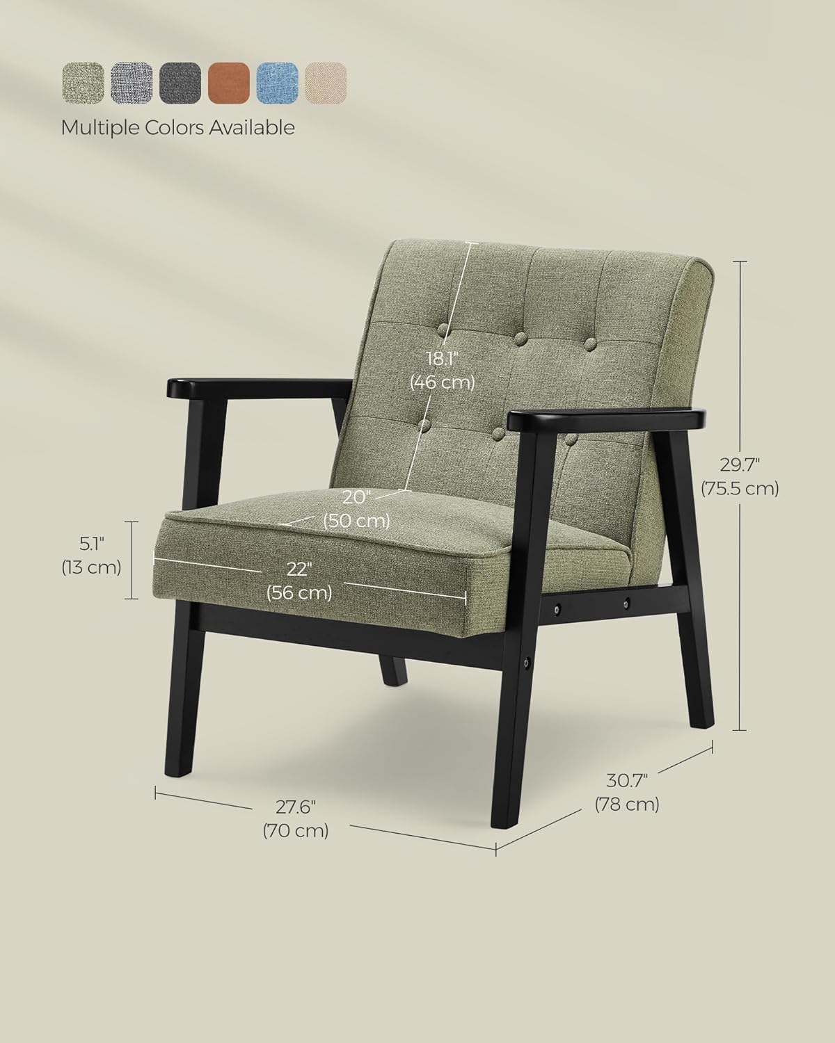 SONGMICS Accent Leisure Chair, Mid-Century Modern Arm Chair with Solid Wood Armrests and Legs, 1-Seat Cushioned Sofa for Living Room Bedroom Balcony Studio, Olive Green ULAC001C01