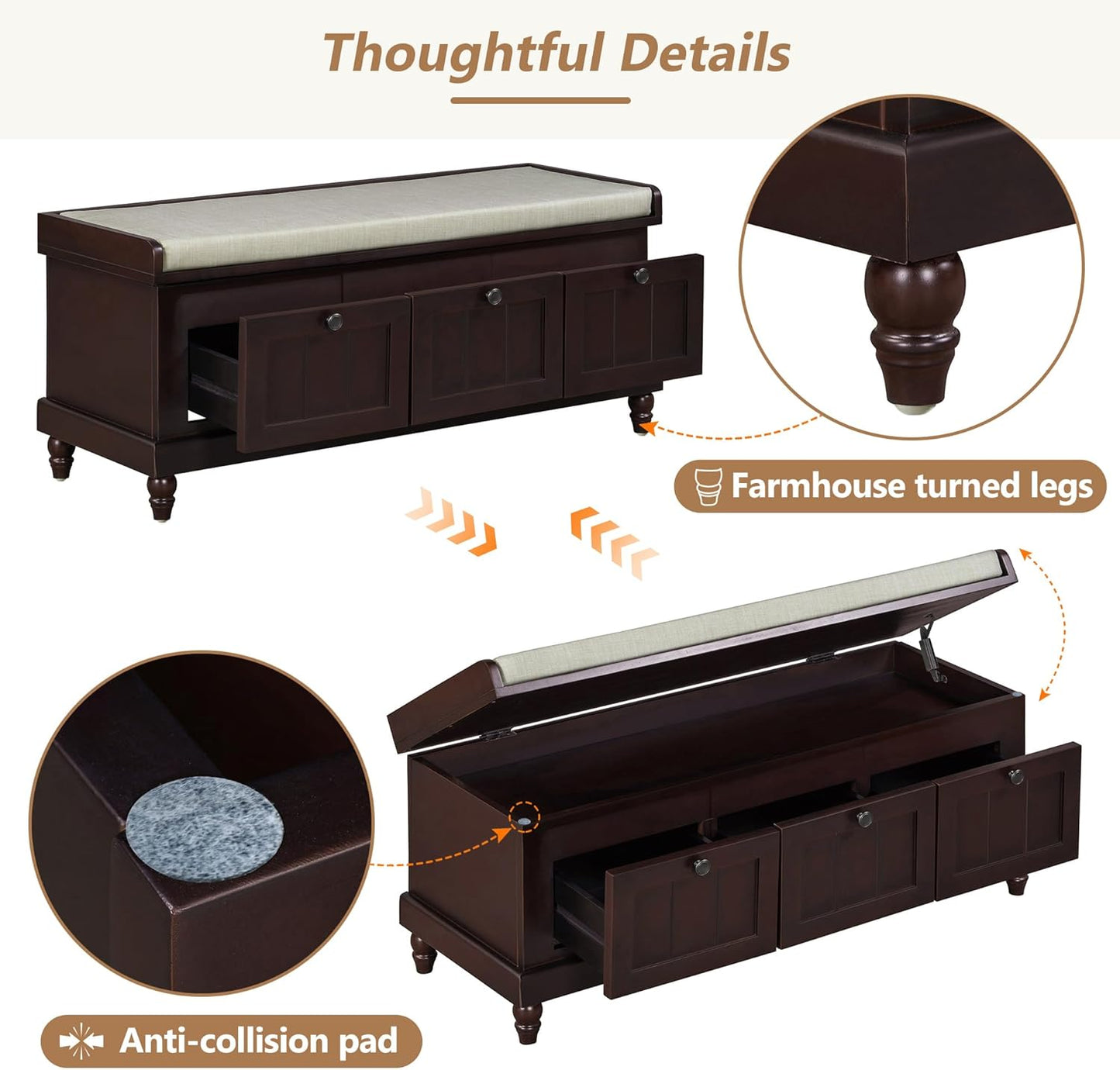 Merax Classic Storage Bench with Cushioned Seat and Three Drawers for Entryway & Living Room & Bedroom, Espresso