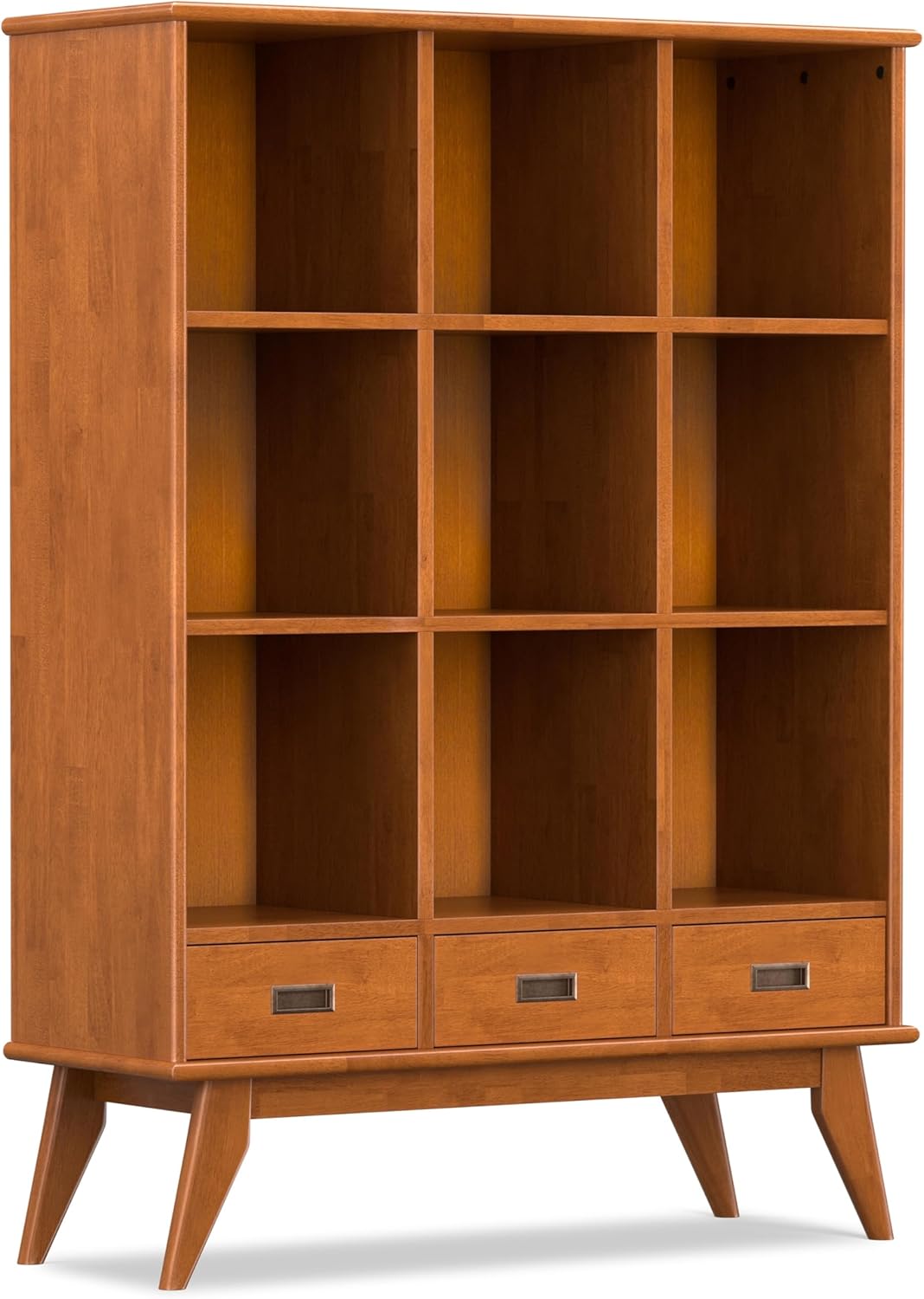 SIMPLIHOME Draper Bookcase - 58 inch Tall 9-Cube Solid Hardwood Cube Organizer with Drawers in Teak Brown, Mid-Century Storage for Living Room, Entryway or Bedroom with Cubbies and Angled Legs