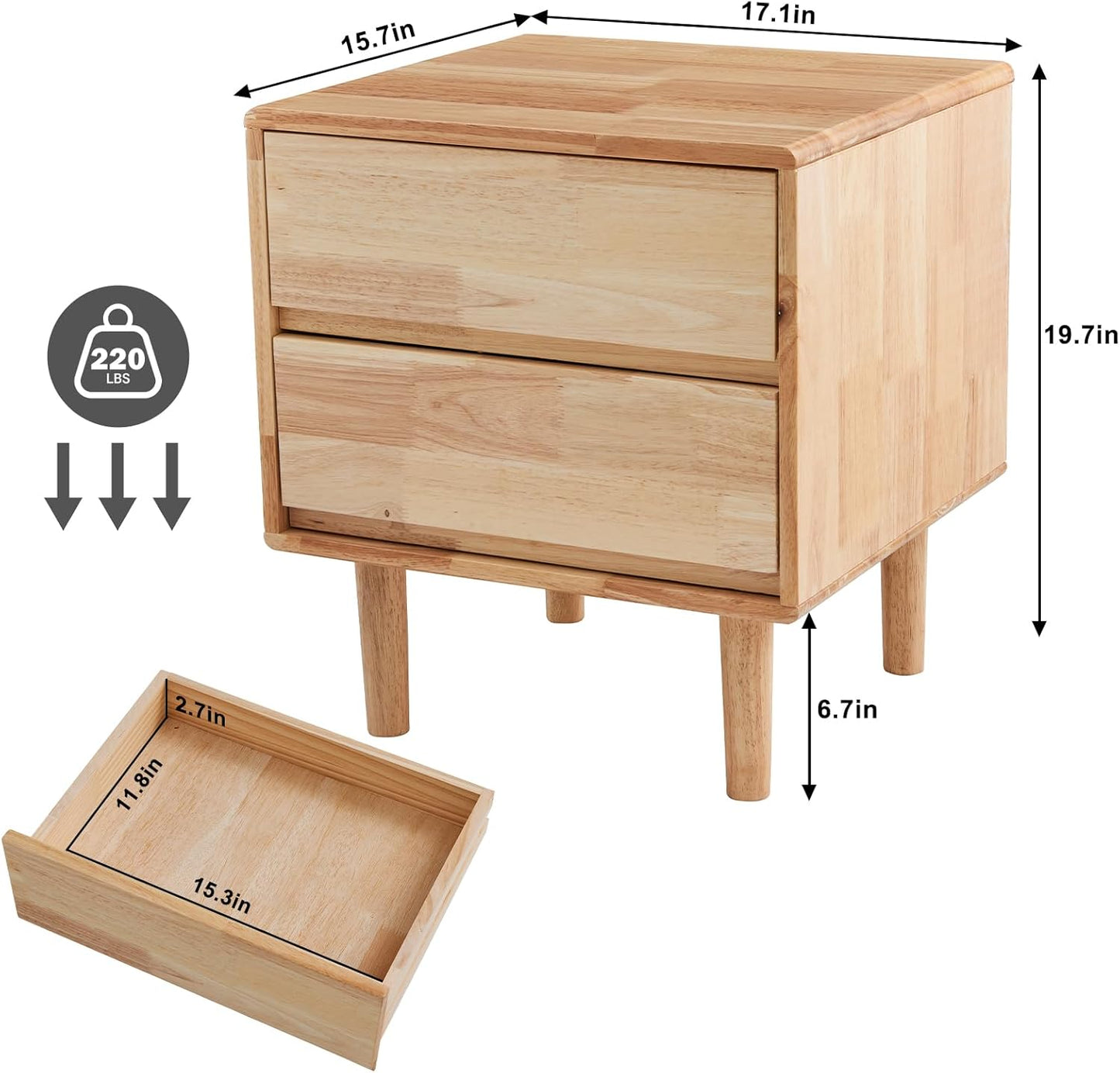 Uniclinens Nightstand with 2 Drawers Storage, 19" Modern Solid Rubberwood Bedside Table for Bedroom, Sofa Side Table End Tables Living Room, Natural