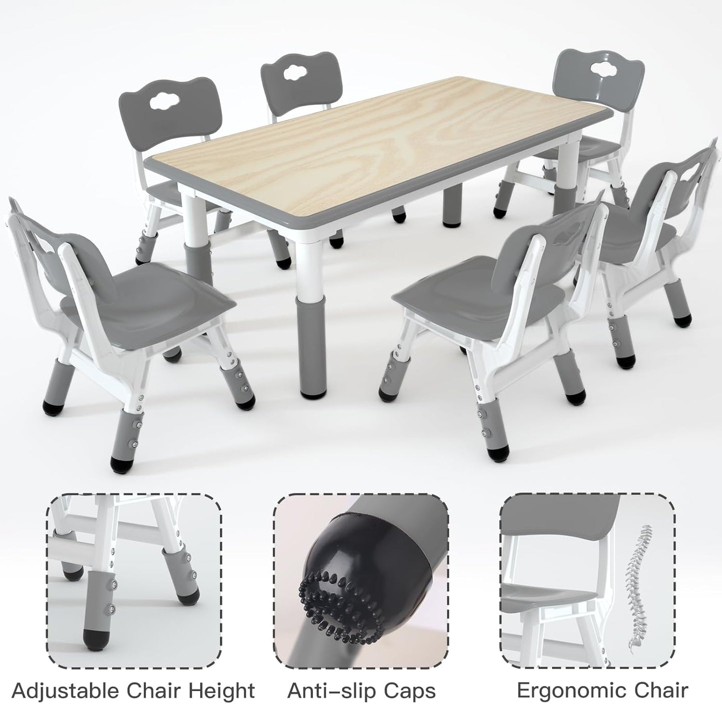 Kids Table and 6 Chairs Set，Height Adjustable Children Table & Chair，Toddlers Study Multi-Activity Table with 47.2"x23.6" Wipe-Clean Desktop，for Classrooms, Homes & Daycares