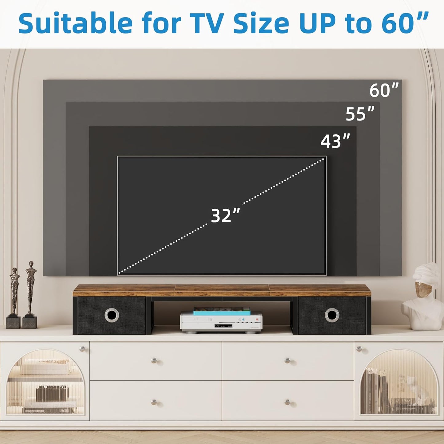 45" Large TV Riser with Fabric Drawers for 32-60 inch TV, TV Stand Riser with Steel Legs, Tabletop TV Riser Shelf, Monitor Stand Riser for Home Office, Rustic Brown