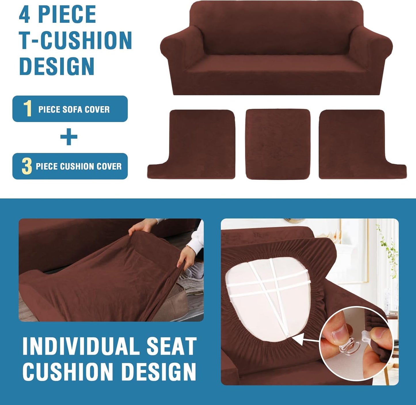 H.VERSAILTEX Sofa Cover 4 Piece T Cushion Sofa Slipcovers Thick Velvet Couch Cover Stretch T Cushion Sofa Covers for 3 Cushion Couch with 3 Individual T Cushion Covers, Burnt Brick