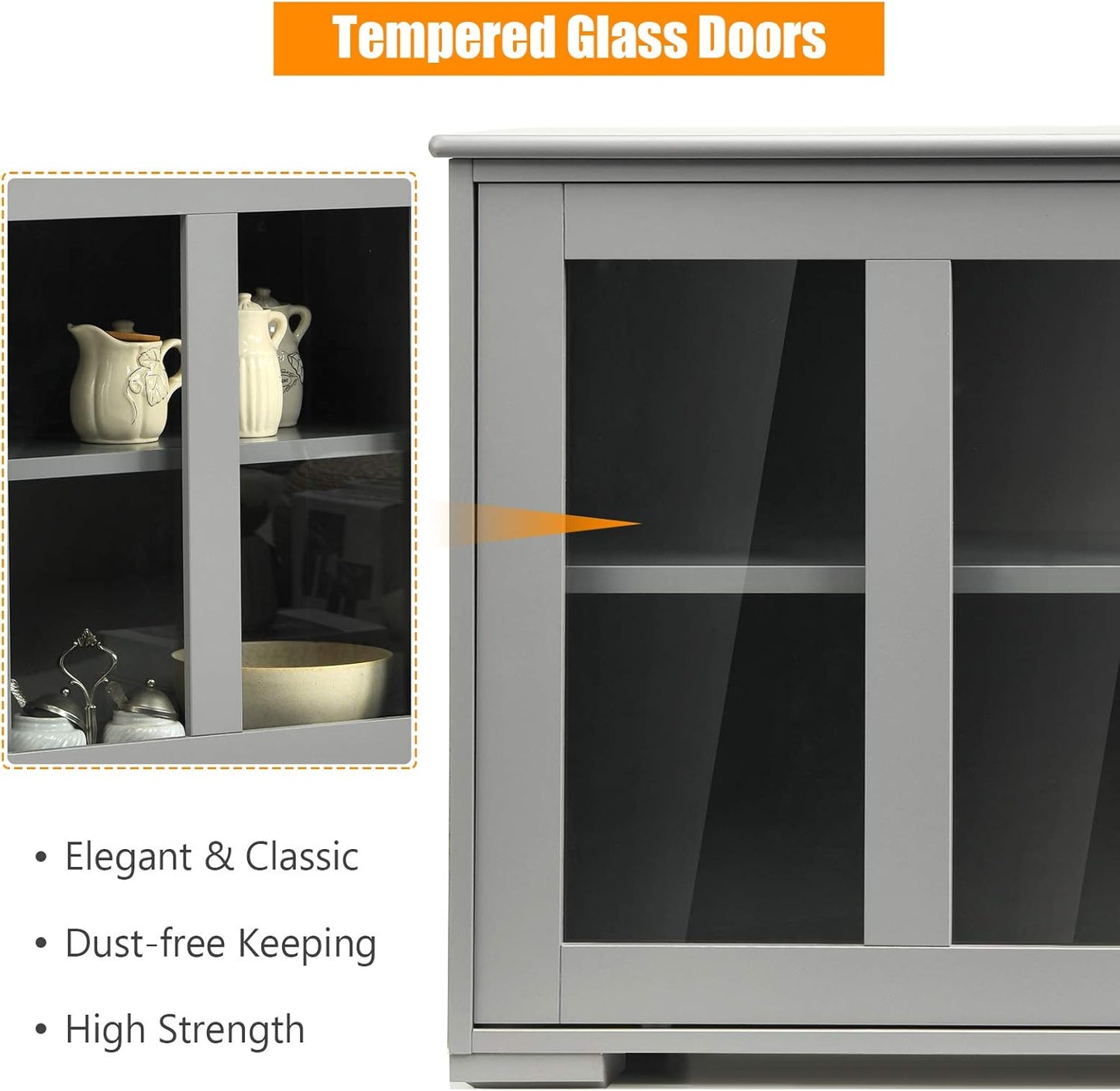 Costzon Sideboard Buffet Cabinet, Wooden Kitchen Storage Cabinet with Adjustable Shelf, Sliding Glass Doors, Accent Coffee Bar Cabinet Console Table for Living Room, Dining Room, Hallway (Grey)