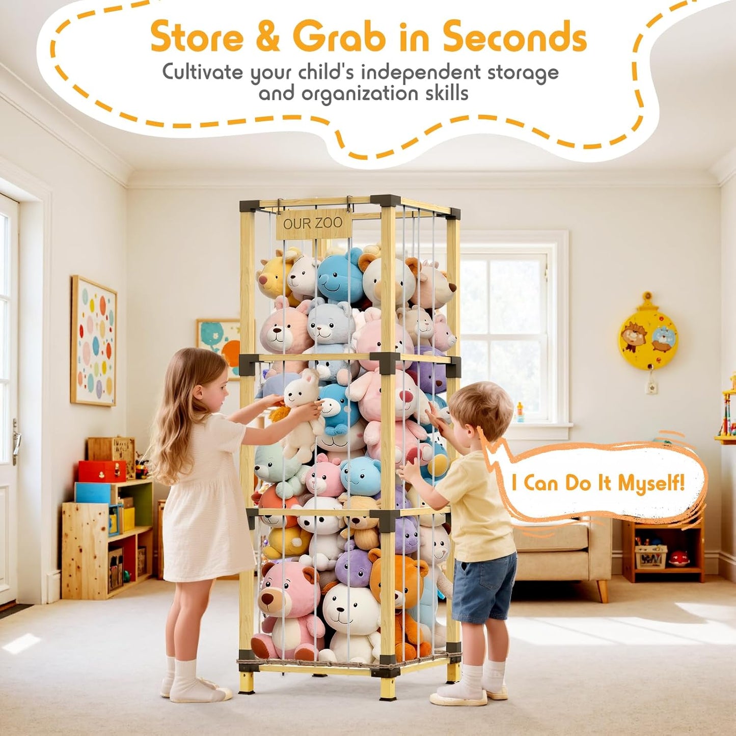 200L Stuffed Animal Zoo Storage, 3-Tier Extra Large Stuffed Animal Holder, Solid Bamboo Plushies Storage Tower with Mesh Pocket and Elastic Cords, Space Saver for Nursery Playroom Bedroom