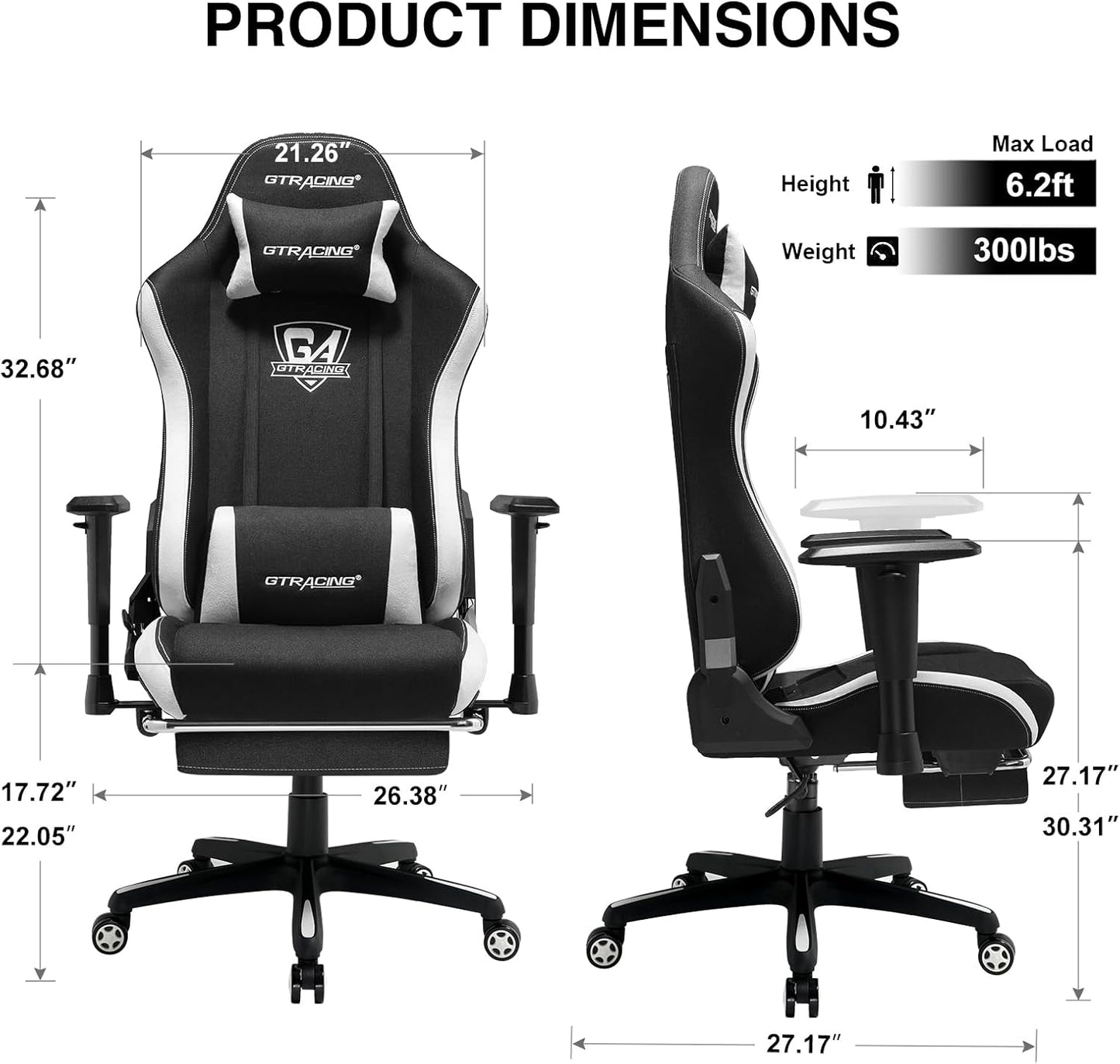 GTRACING Gaming Chair with Footrest, Fabric Breathable Big and Tall Ergonomic Computer Chair 350 lbs with Adjustable Lumbar Support and Recliner, High Back Game Chair for Office Gaming, Black