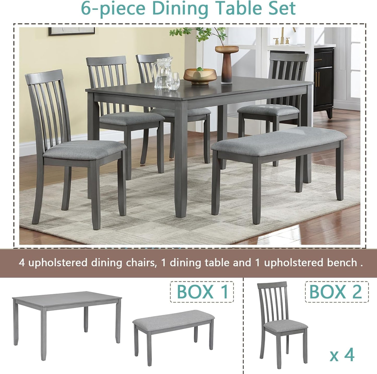 soges 6 Piece Kitchen Dining Table Set, Rectangular Wooden Dining Table with 4 Upholstered Chairs and a Bench for 6 People, Living Room, Home and Kitchen, Grey