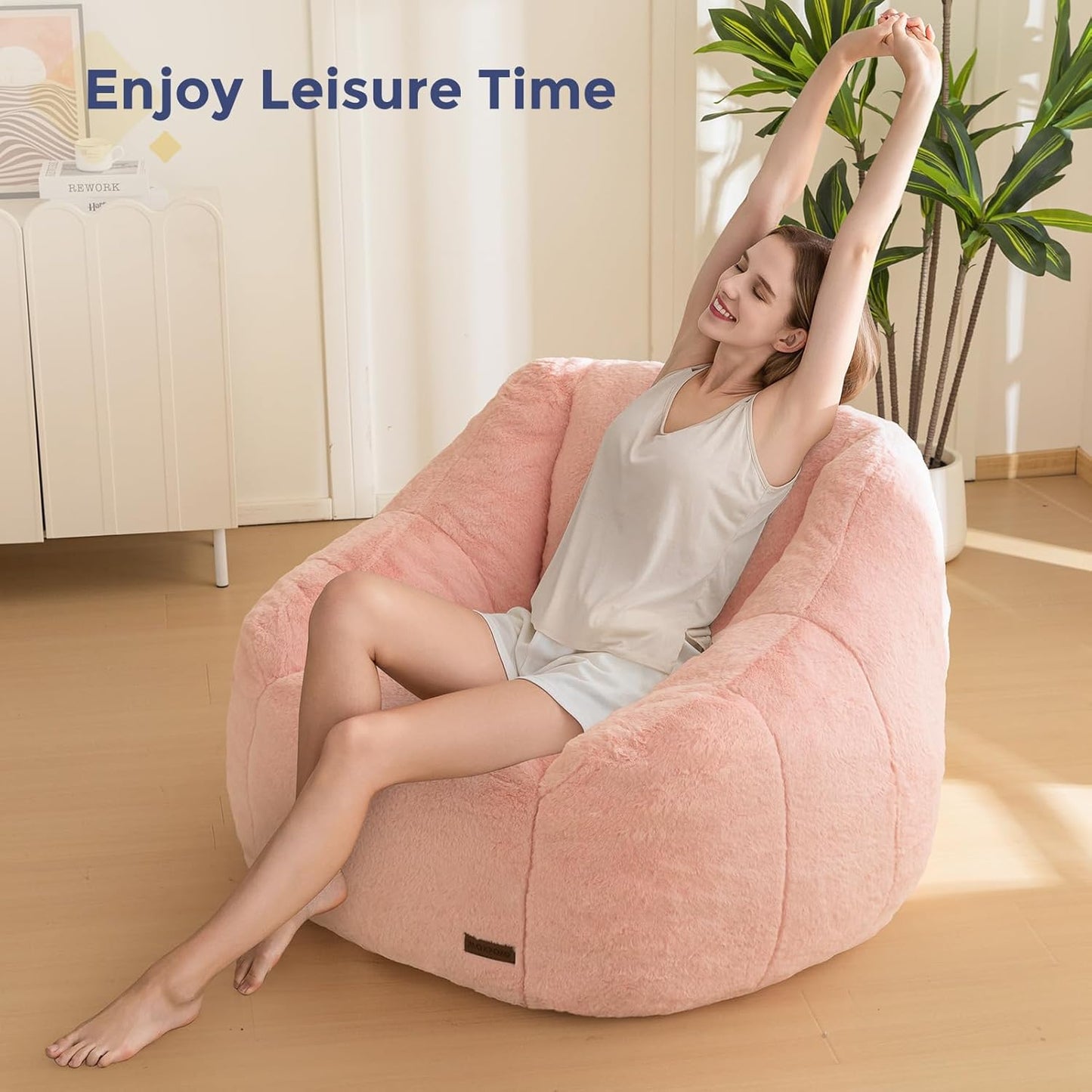 MAXYOYO Bean Bag Chair, Comfy Bean Bag Sofa with Back Support, Faux Fur Bean Bag Chair for Adults and Kids, Stuffed Floor Sofa for Living Room, Bedroom, Apartment, Pink
