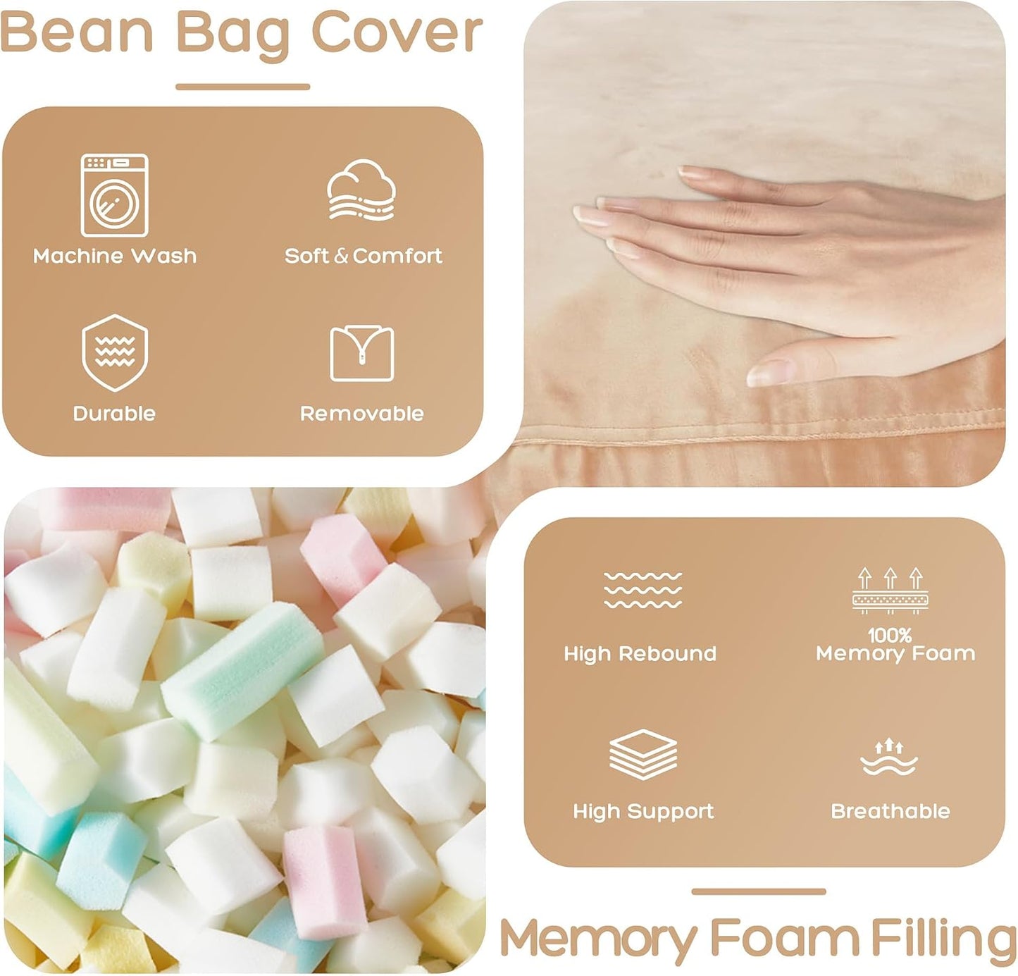 HABUTWAY Bean Bag Chair: Giant 4' Memory Foam Furniture Bean Bag Chairs for Adults with Microfiber Cover 4Ft (Khaki)