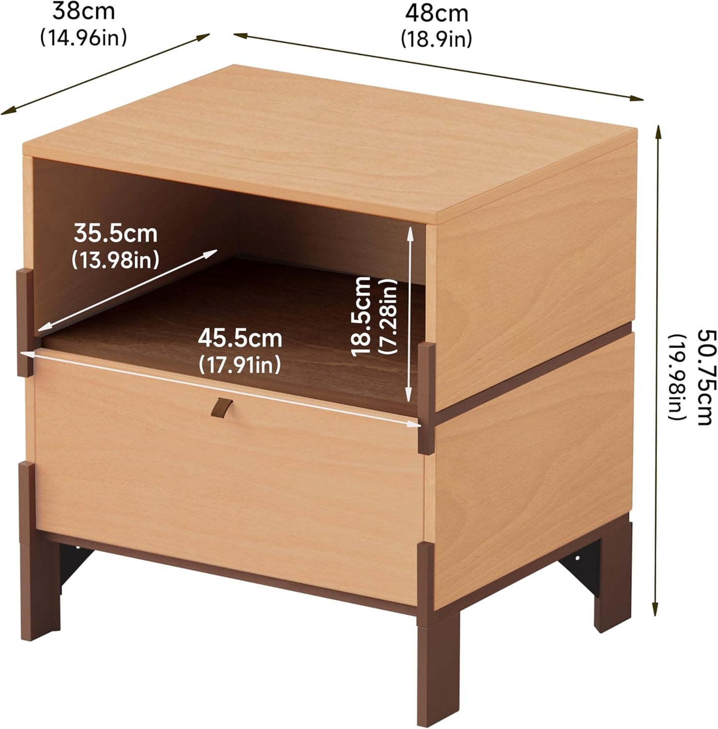 SBS-AL-21-1 Sebastack Night Stand, Customizable 2 Drawers Bedside Table, End Table, Side Table for Bedroom, Dormitory, Mid-Century Style Wood Chest of Furnitures, Beech Color