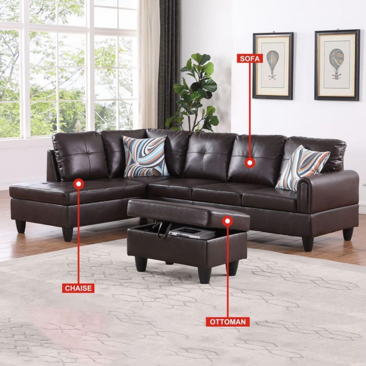 Brown L-Shaped 3-Piece Faux Leather Sofa with Storage Ottoman Set, Sectional Couch Sofa Set for Living Room, Office, Small Space