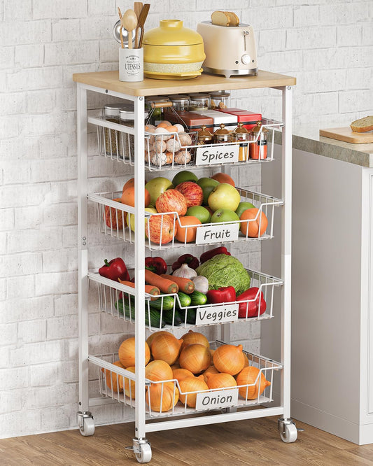 Fruit Vegetable Basket for Kitchen Pantry Storage Organizer, 5-Tier Metal Utility Kitchen Rolling Cart on Wheels with Drawer Rack and Wood Top for Potatoes Onions