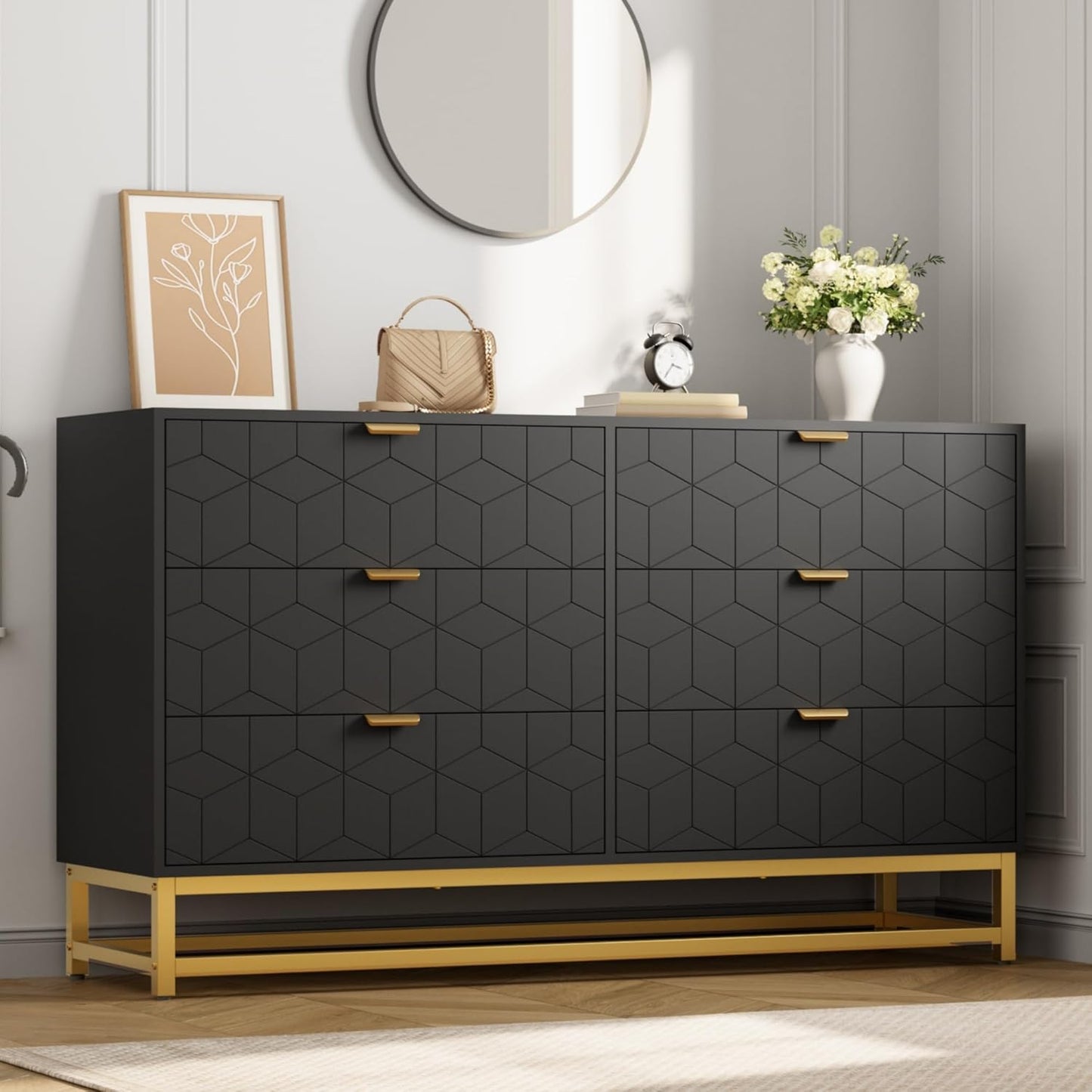 Dresser for Bedroom, 53.5" Large Dresser Organizer, 6 Drawer with Golden Metal Handle and Legs, Modern Chest of Drawers, Black Dressers with Drawers for Closet, Hallway, Living Room, Entryway