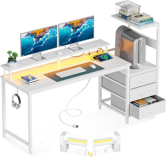 AODK 59 Inch Gaming Desk with USB Charging Ports & LED Light- Reversible Computer Desk with Storage Shelves & Monitor Stand, Modern Gamer Desk Table with Fabric Drawers & Side Hook, Carbon Fiber White
