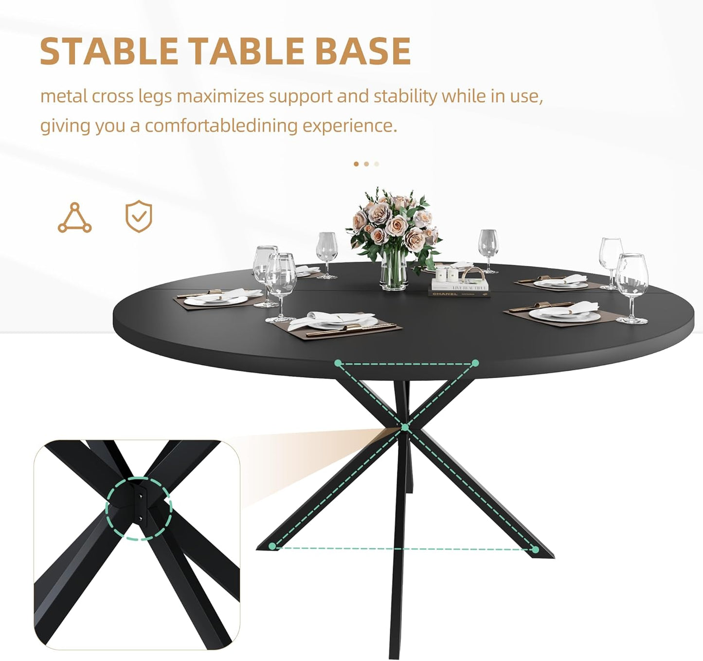 47.24" Round Dining Table, Modern Dining Room Table for 4-6 Person, Wood Round Kitchen Table with Metal Legs, Round Coffee Table for Home Dining Room Living Room (Black)