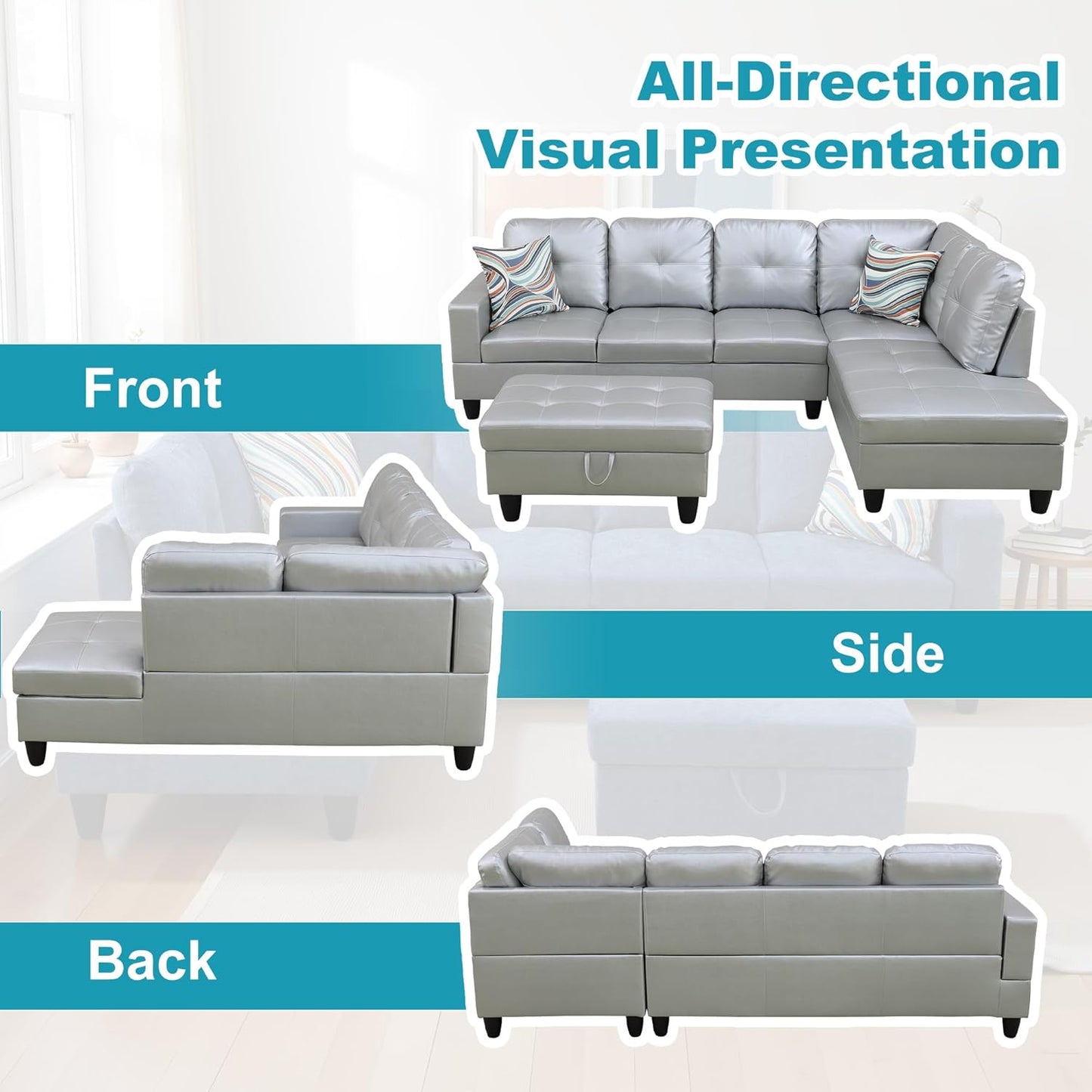 Couches for Living Room PU Leather L Shaped Couch Comfy 3 Pieces Sectional Sofa with Chaise, Ottoman with Storage for Office and Small Apartment, Silver