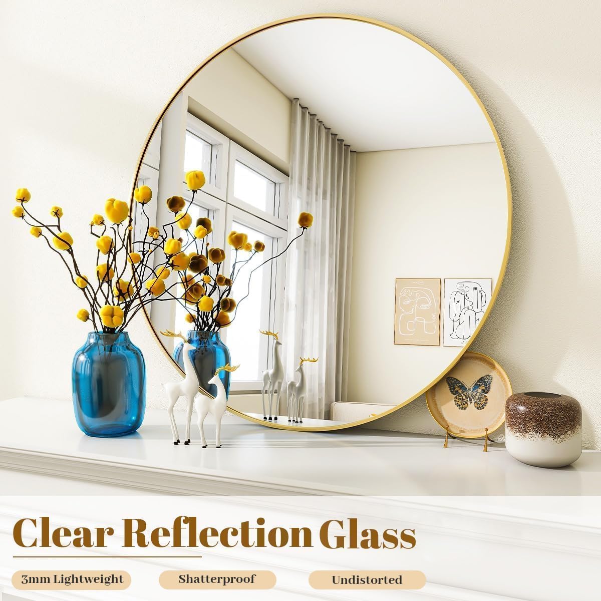 Black Round Bathroom Mirror, 42 inch Large Circle Wall Mounted Hanging Mirror with Simple Modern Circular Metal Frame for Hallway, Entryway, Living Room, Gold Frame