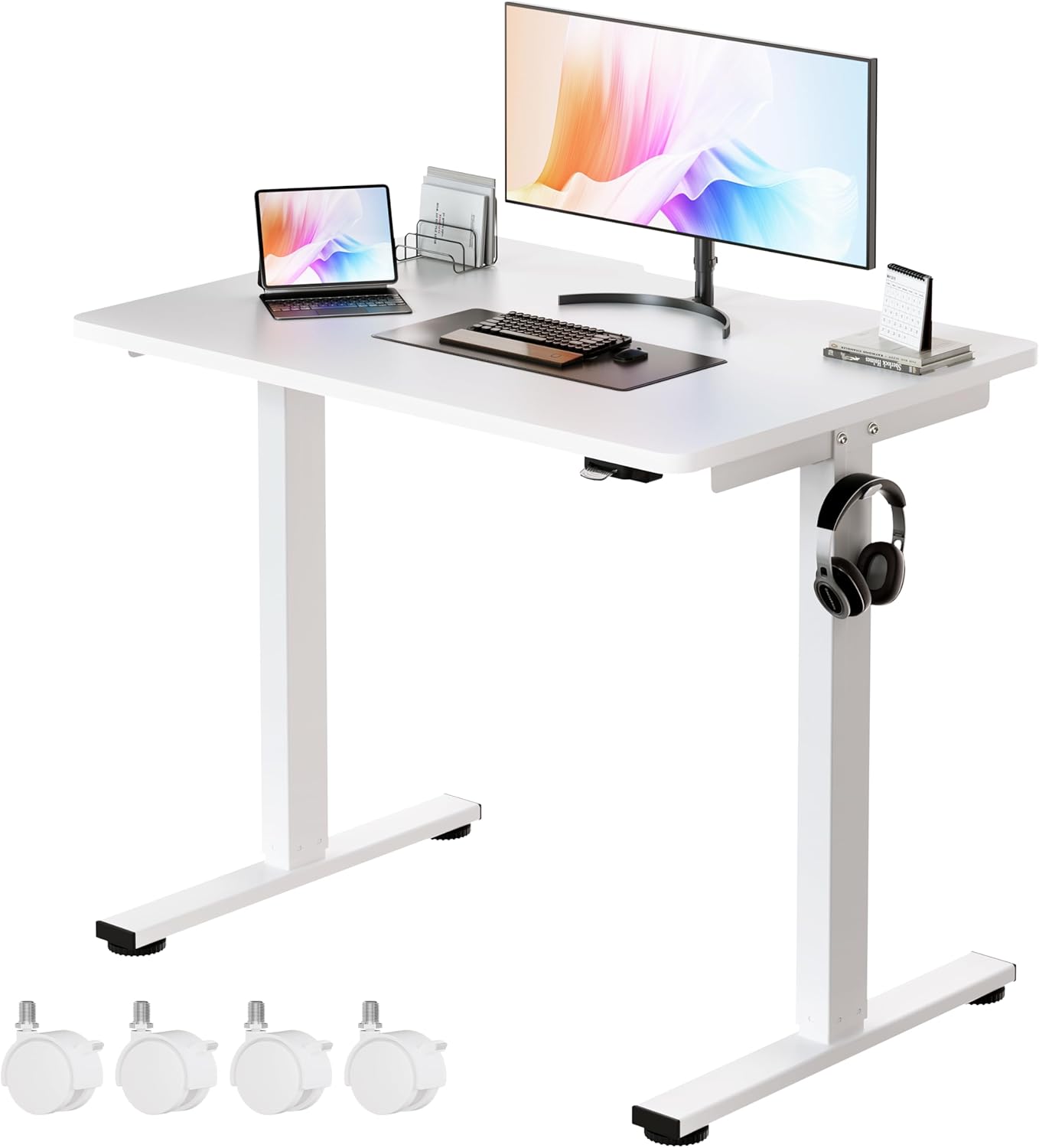 Okin Small Electric Standing Desk, 36" x 24" Whole Piece Height Adjustable Desk, White Sit to Stand Computer Workstation with Wheels for Home Office
