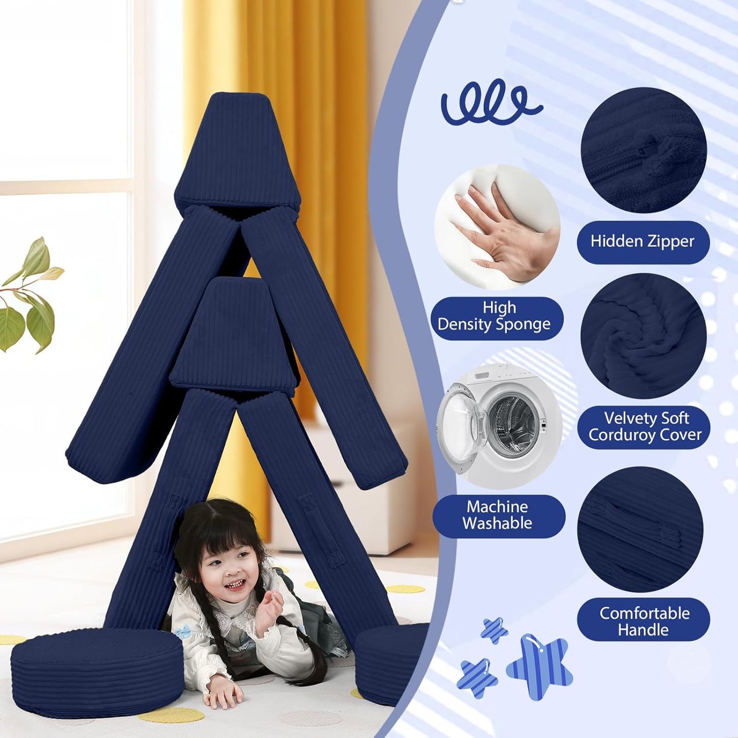 MeMoreCool Kids Couch for Playroom, Corduroy Convertible Toddler Couch, 8 Piece Modular Play Sofa, Foam Fort Building Set for Child Room Furniture, Navy