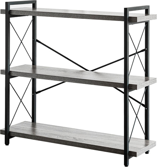 HCHQHS Bookshelf, 3-Tier Industrial Bookcase, Rustic Open Book Shelf, Freestanding Horizontal Bookshelves with Metal Frame