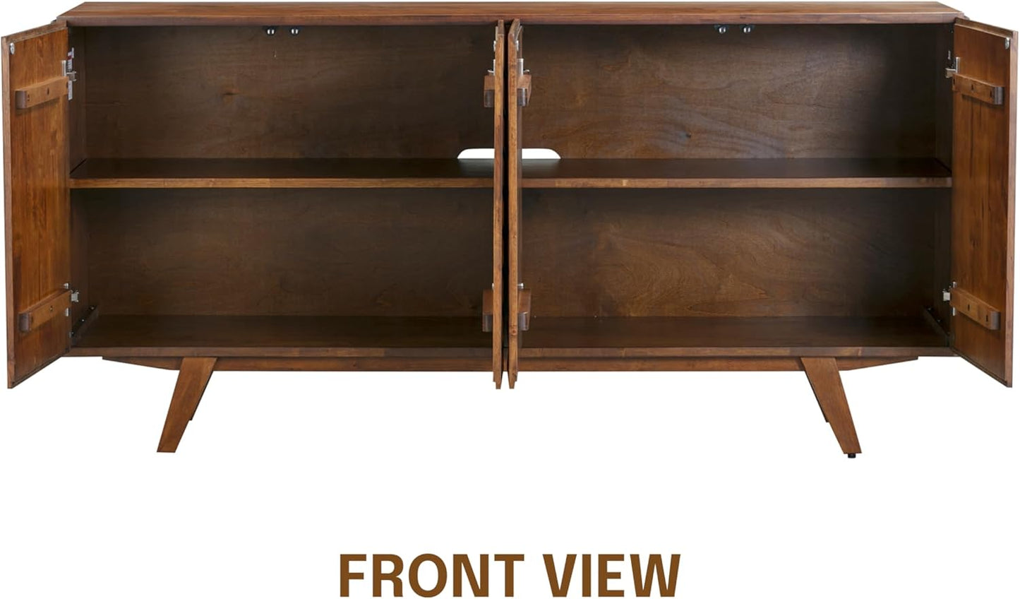 NTC Sapa Mid-Century Modern Solid Wood Sideboard – 4-Door Accent Buffet Cabinet with Carved Geometric Fronts, for Living Room, Dining Room, or Entryway, Effortless Assembly, Dark Walnut