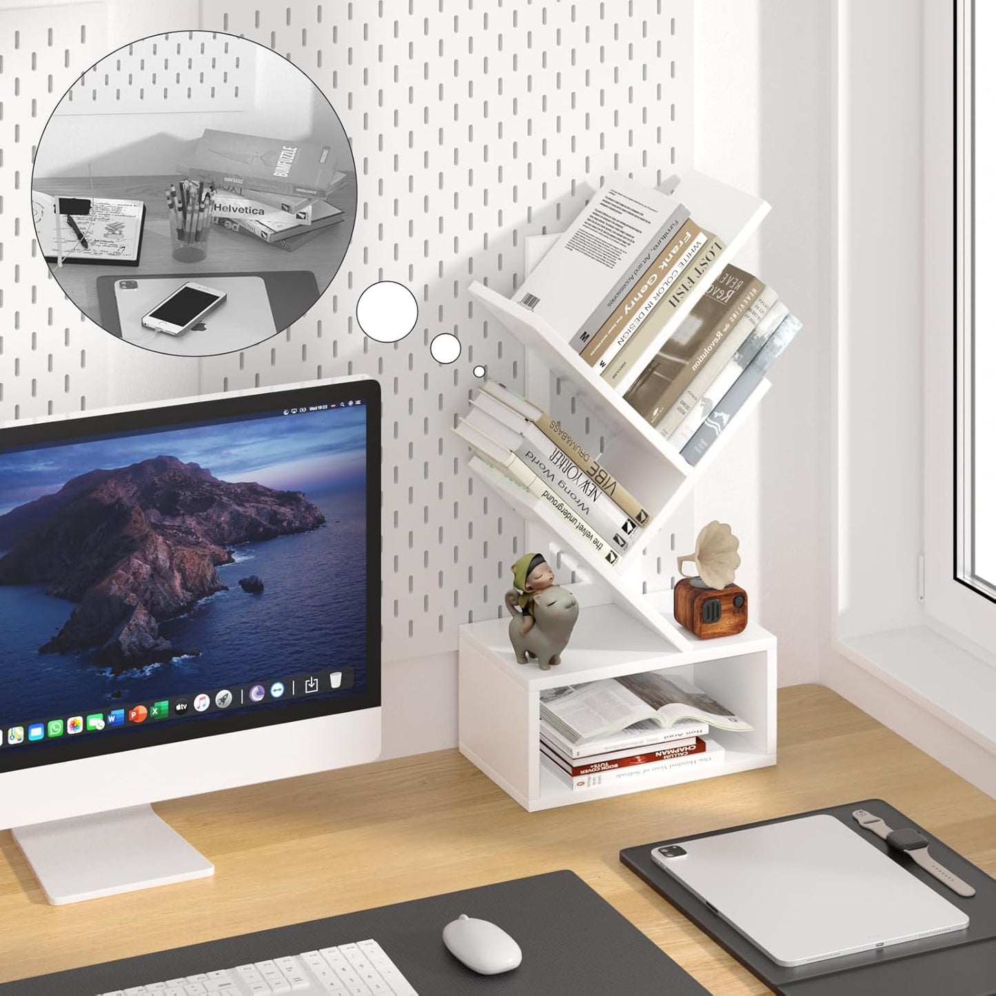 Small Tree Book Shelf,5 Tier Black Tree Bookshelf,White Desktop Bookcase,Modern Desk Display Storage Bookshelves,Floor Standing Organizer Bookcases for Living Room,Bedroom,Office