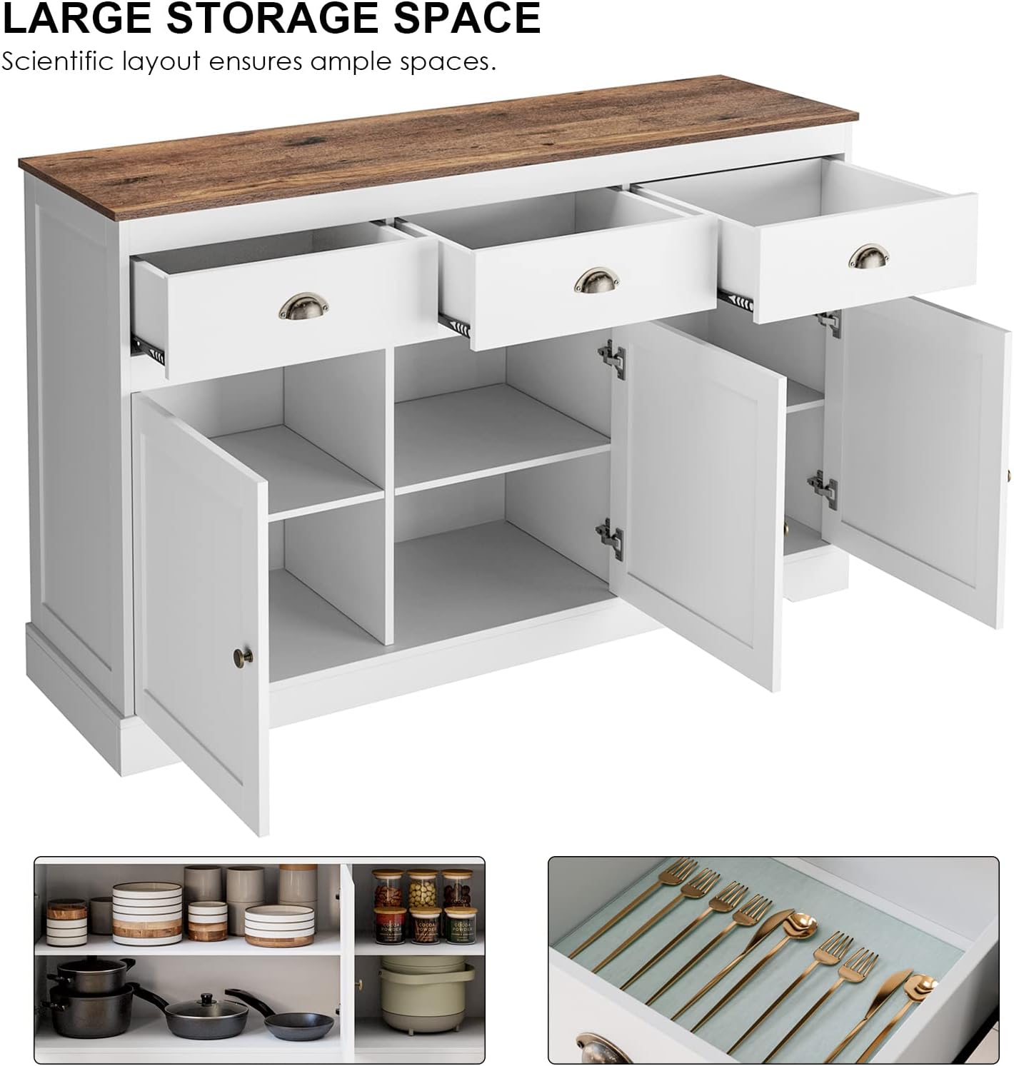 Keyluv White Buffet Cabinet Storage Sideboard Farmhouse Server Bar Wine Cabinet with 3 Drawers & 3 Doors Adjustable Shelves Console Table for Dining Living Room Kitchen Cupboard