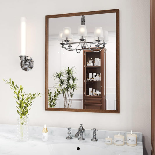 WEER Walnut Bathroom Mirror, Walnut Framed Mirror 22X30 Inch, Rectangle Wall Mounted Bathroom Vanity Mirror with Tempered Glass, Hangs Vertically or Horizontally, Anti-Rust