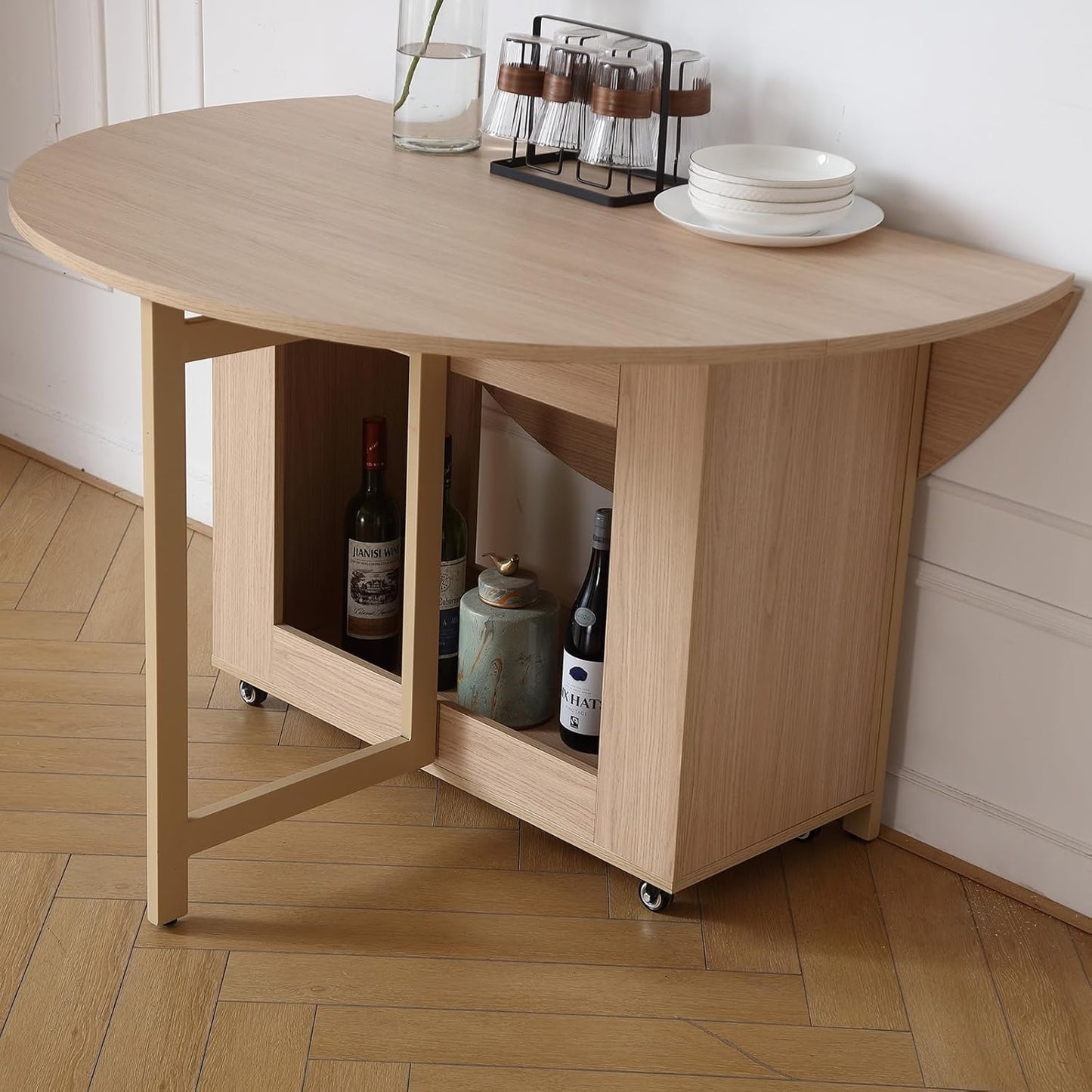 Wood Round Folding Dining Table with 4 Chairs, Solid Wood Folding Chair Set of 2, Space Saving Foldable Dining Table with 4 Chairs