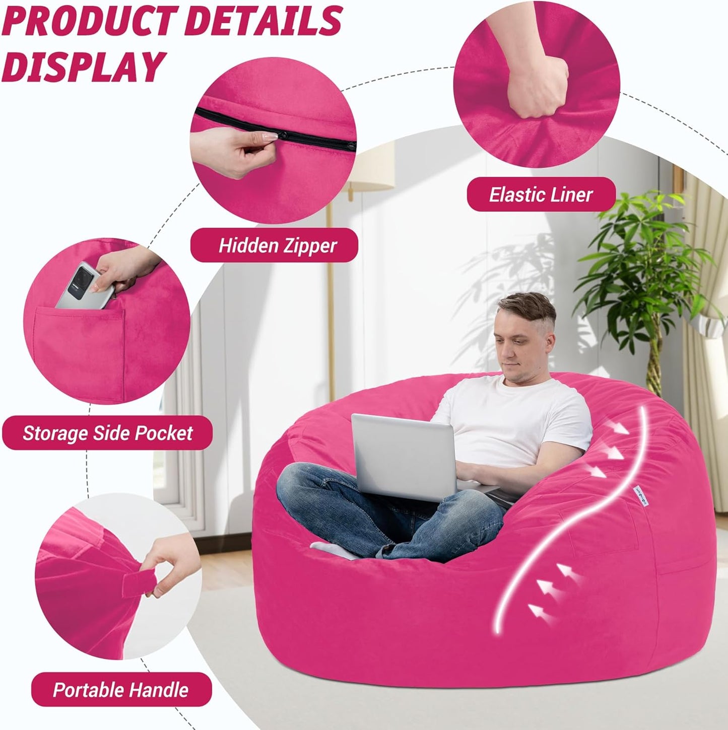 3FT Bean Bag Chair with Ultra Soft Velvet Cover Bean Bag Sofa with Memory Foam Bean Bag Chairs with Large Size Lazy Sofa for Dorm Office Living Room Bedroom Hot Pink 3'