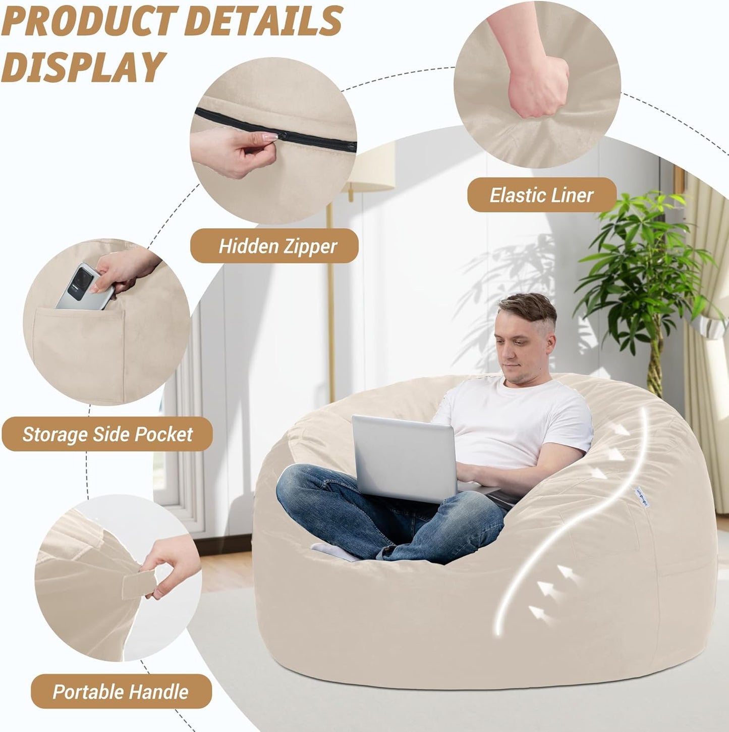 3FT Bean Bag Chair with Ultra Soft Velvet Cover Bean Bag Sofa with Memory Foam Bean Bag Chairs with Large Size Lazy Sofa for Dorm Office Living Room Bedroom Beige 3'